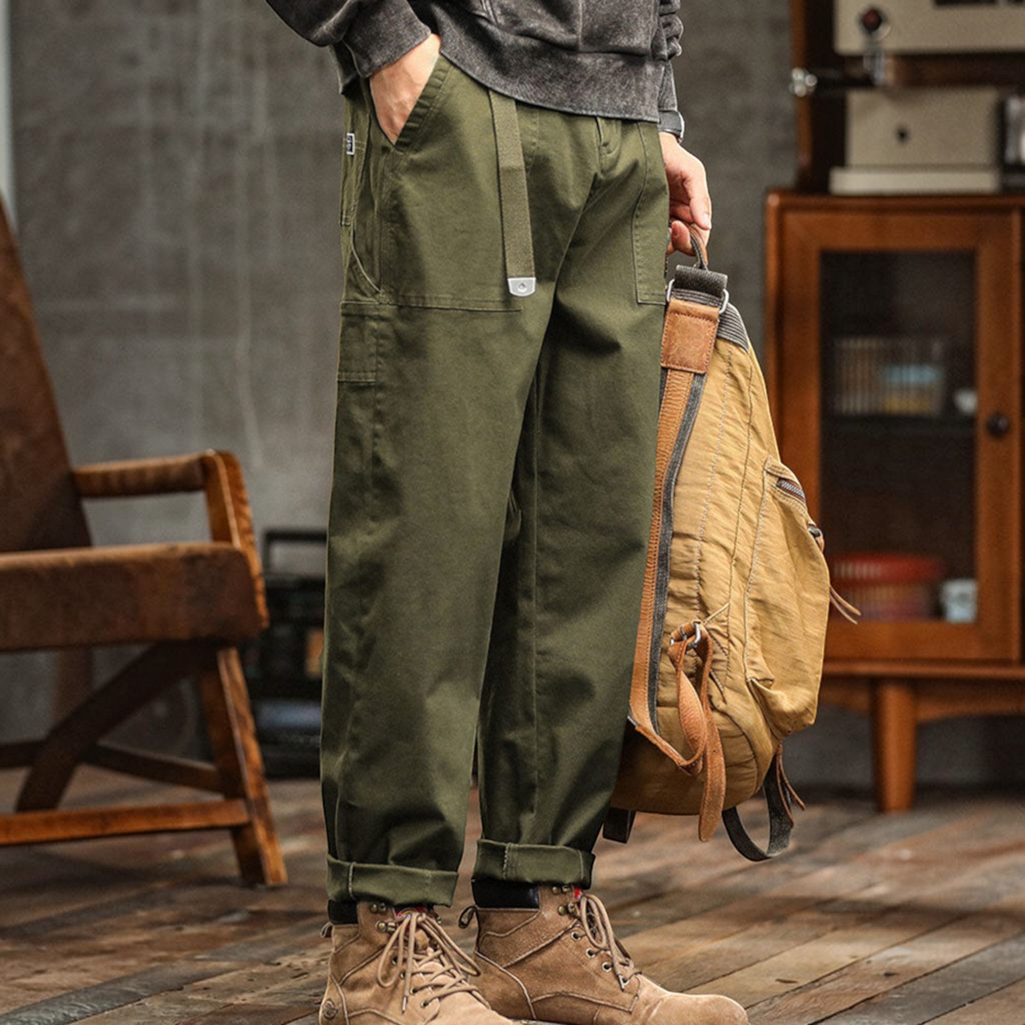 Hugo | Men's Cotton Cargo Pants Multi-Pocket Relaxed Work Casual Pants