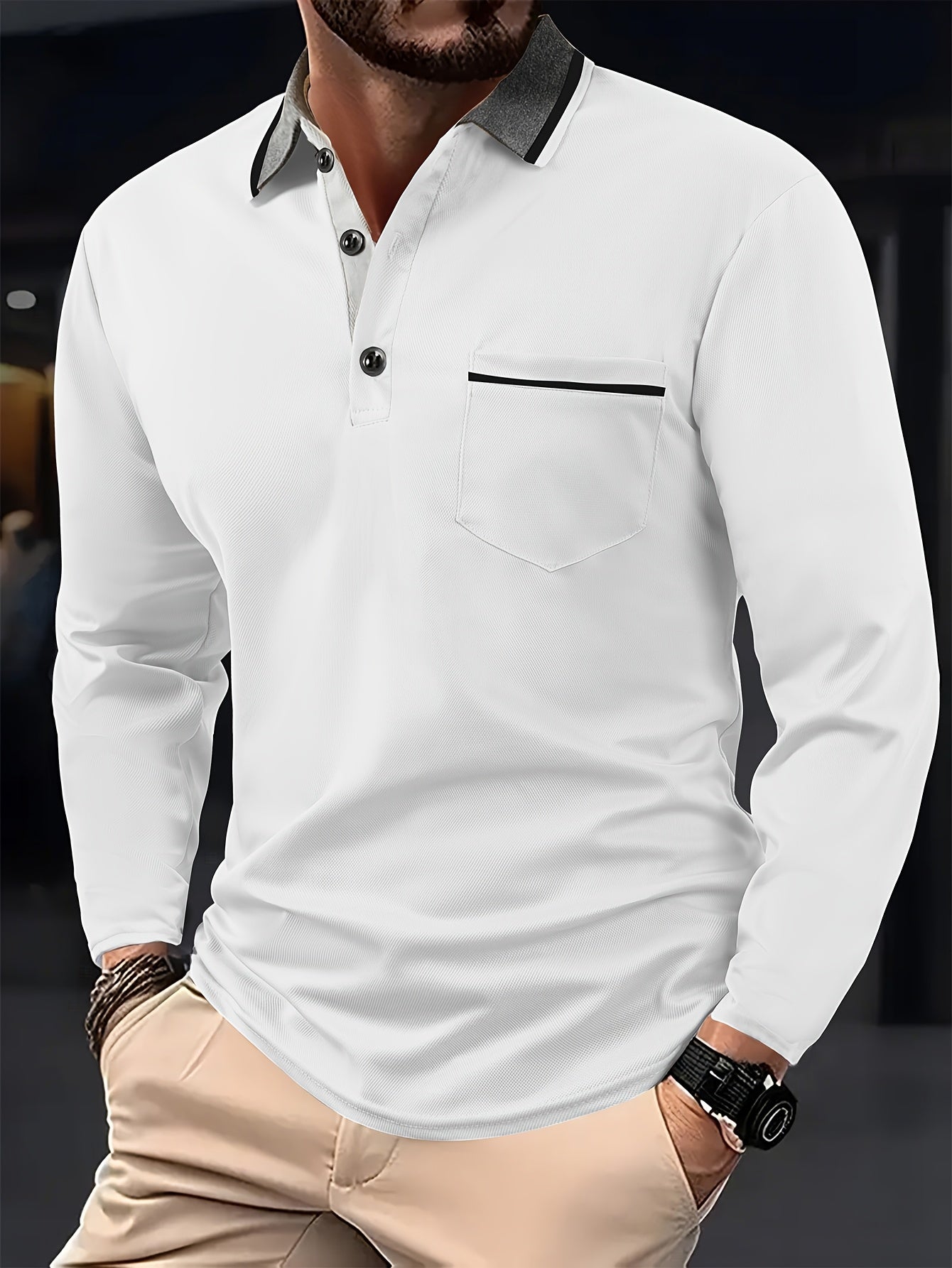 Men's Fashionable Contrast-color Lapel Design Versatile Casual Long-sleeve Shirt, Suitable for Daily Outings and Sports Wear in Spring and Autumn