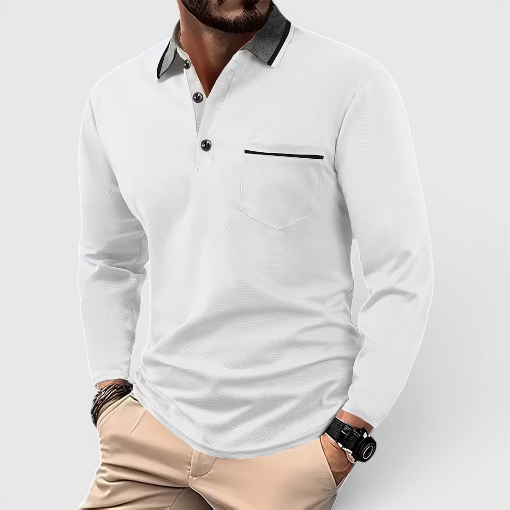 Edmund | Men's Long Sleeve Polo Shirt Contrast Collar Regular Fit Button Up
