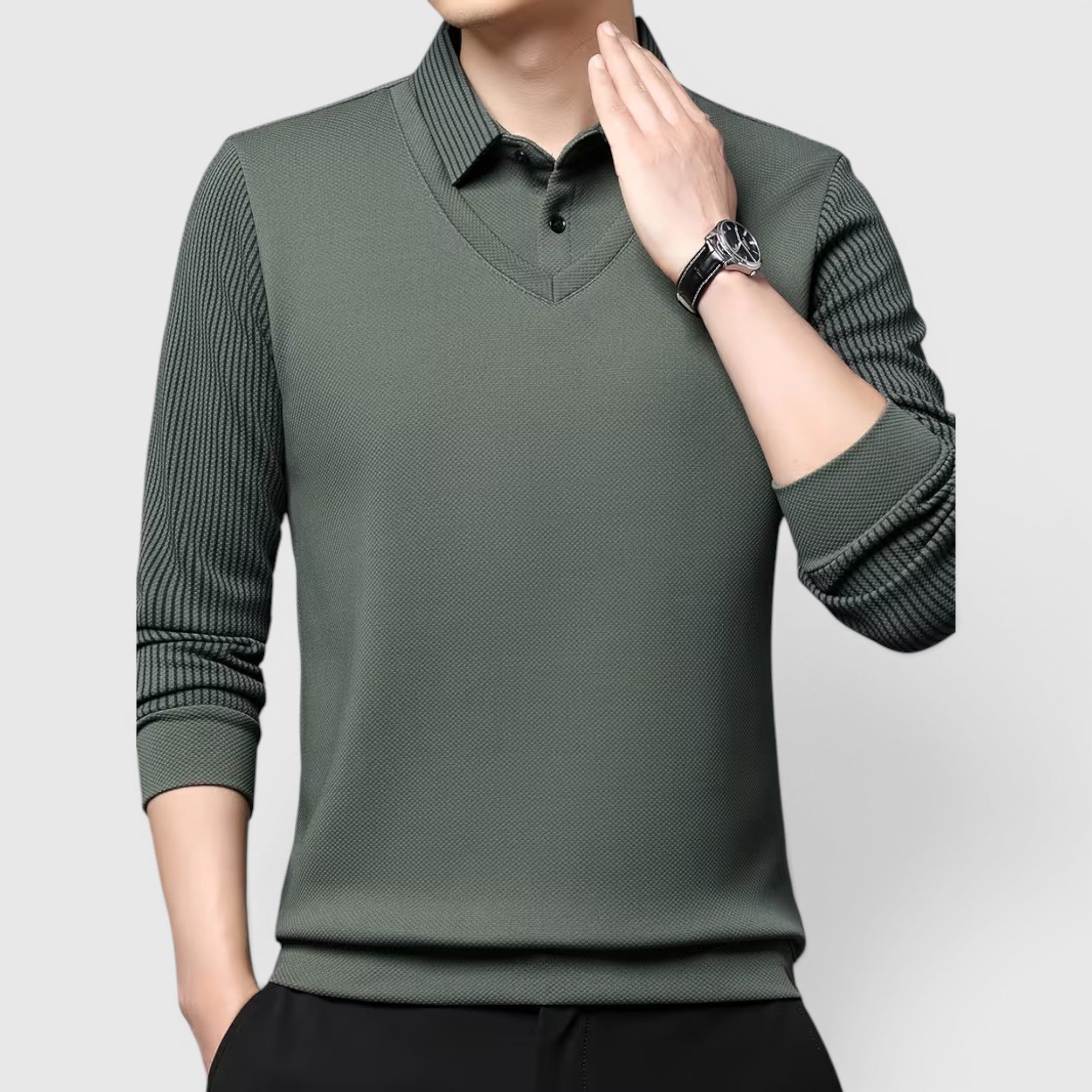 Ellmont London | Men's V-Neck Sweater Faux Two-Piece Polo Shirt for Everyday Wear