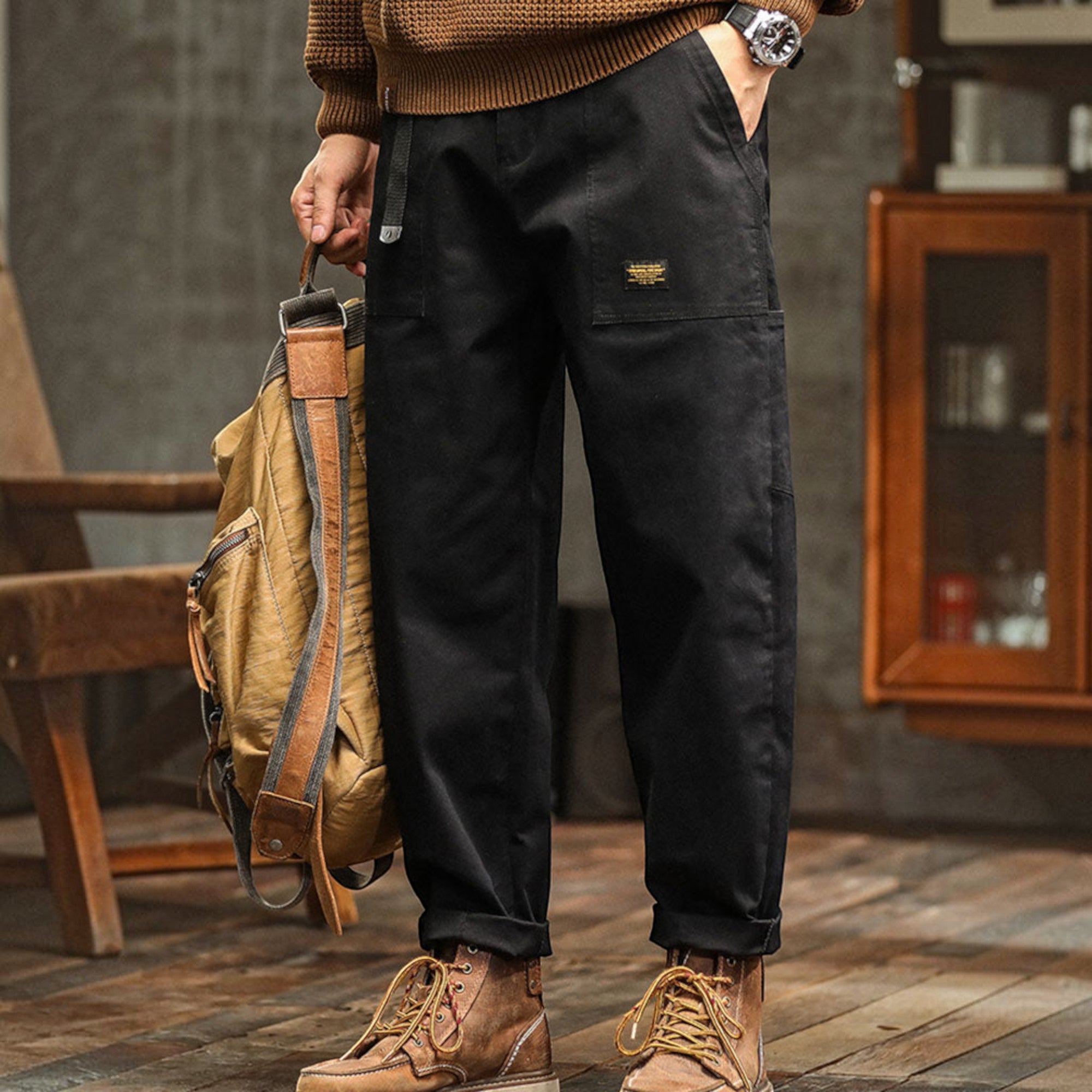 Hugo | Men's Cotton Cargo Pants Multi-Pocket Relaxed Work Casual Pants