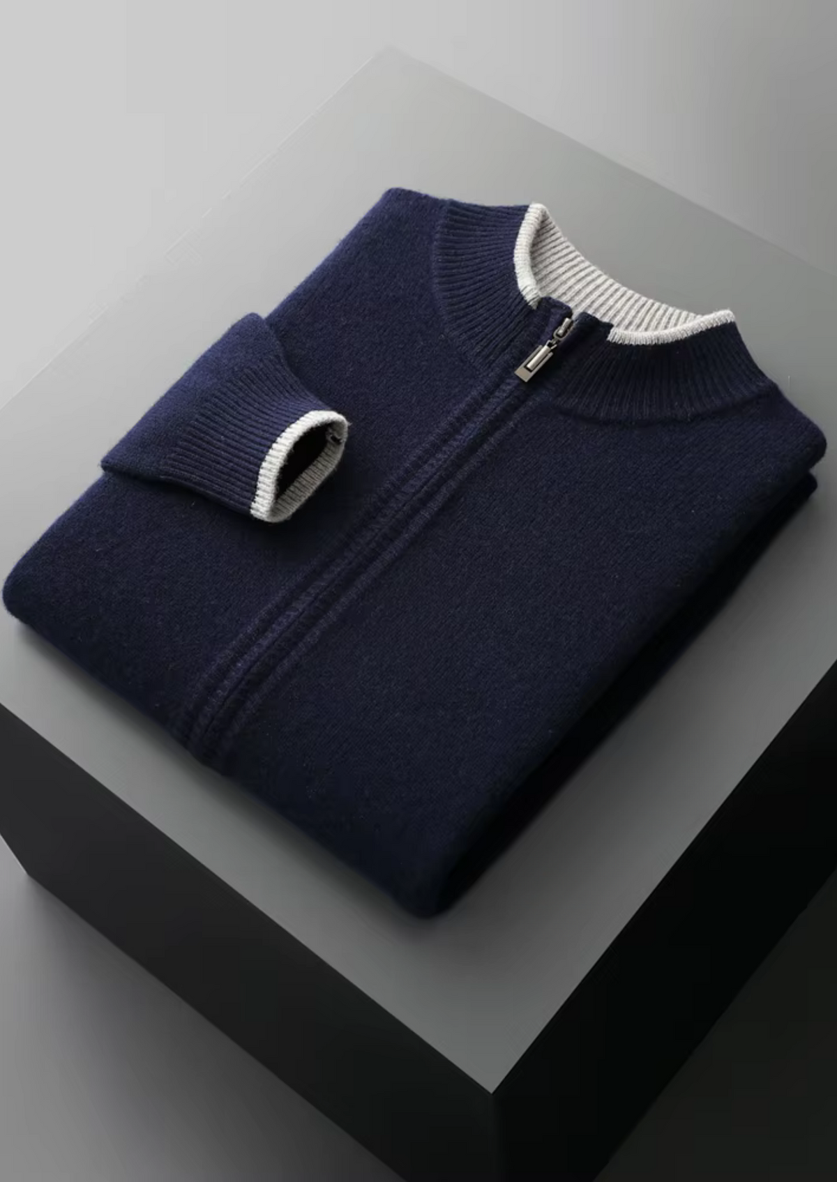 Extra-Fine Merino Wool Two-Tone Zip Cardigan