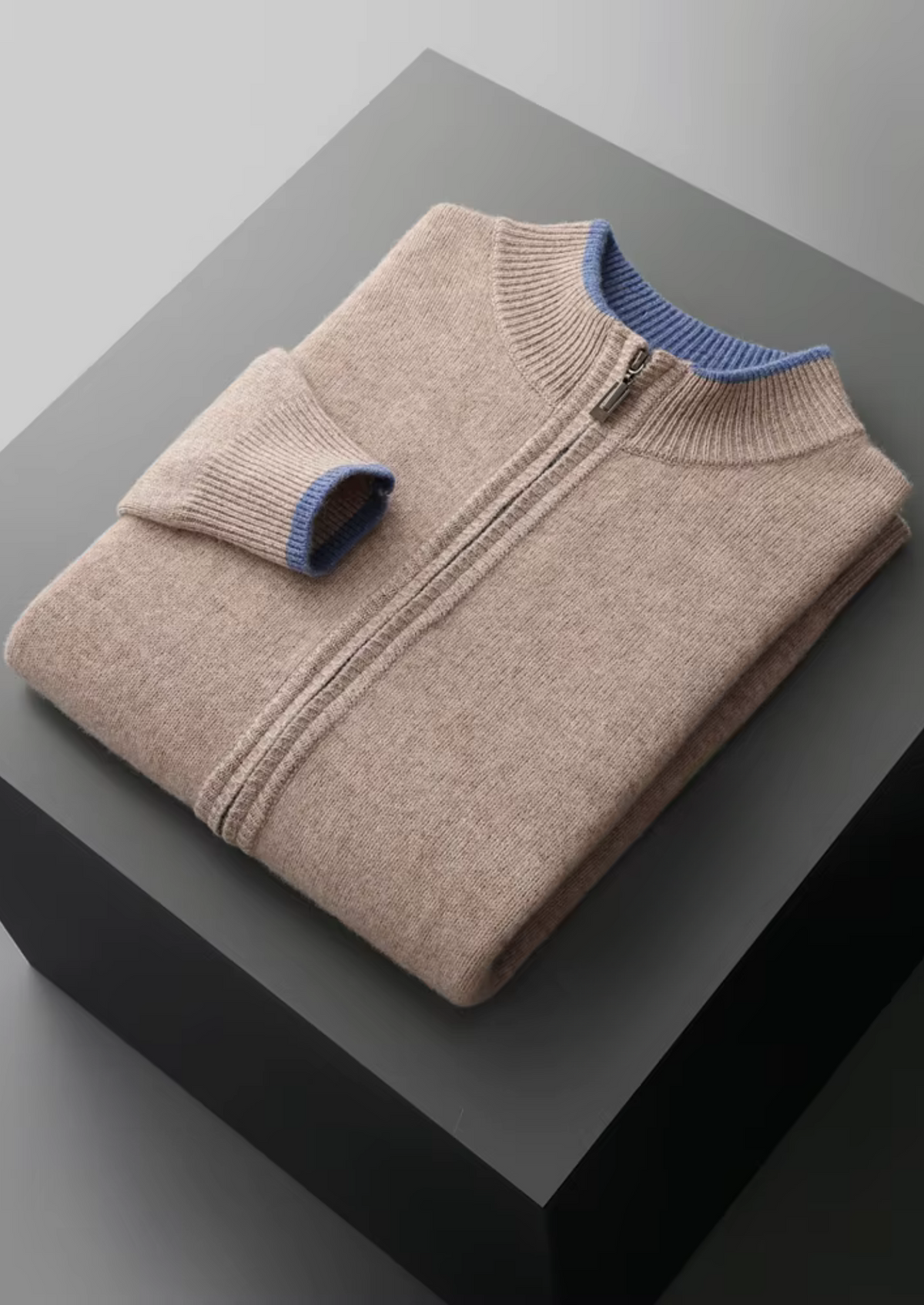 Extra-Fine Merino Wool Two-Tone Zip Cardigan