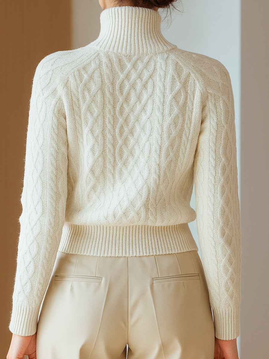 Erin | White Cable Knit Zip-Up Cardigan with Stand Collar