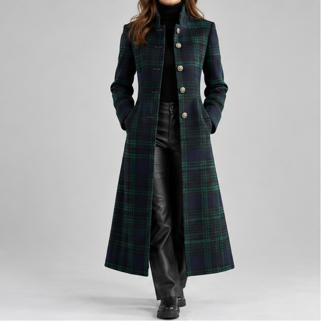 Women’s Checked Longline Coat – Tailored Winter Coat with Button Fastening