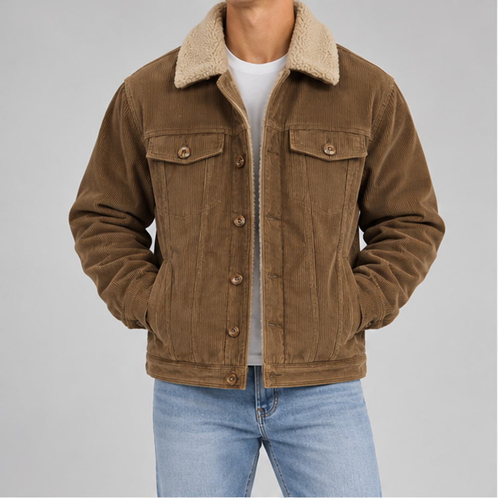 Men’s Corduroy Jacket – Borg Lined Trucker Jacket with Button Fastening