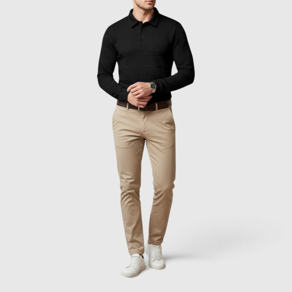 Lewis | Men's Textured Polo Shirt Casual Knit Long Sleeve for Daily Wear