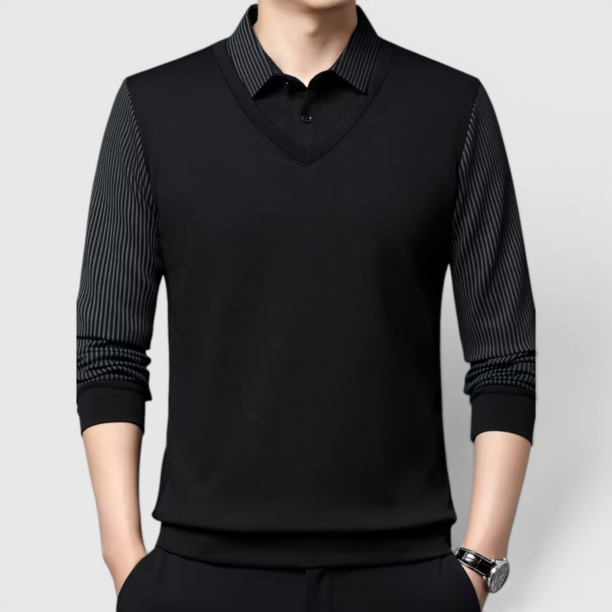 Connor | Men's V-Neck Sweater Faux Two-Piece Polo Shirt for Everyday Wear