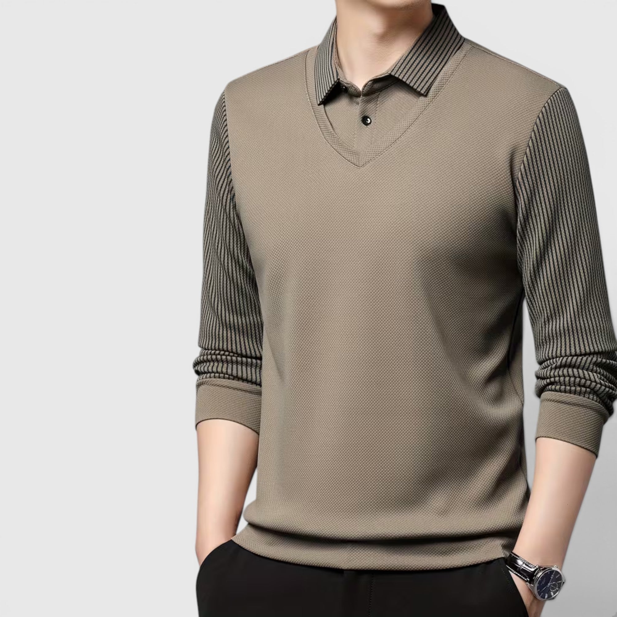 Ellmont London | Men's V-Neck Sweater Faux Two-Piece Polo Shirt for Everyday Wear