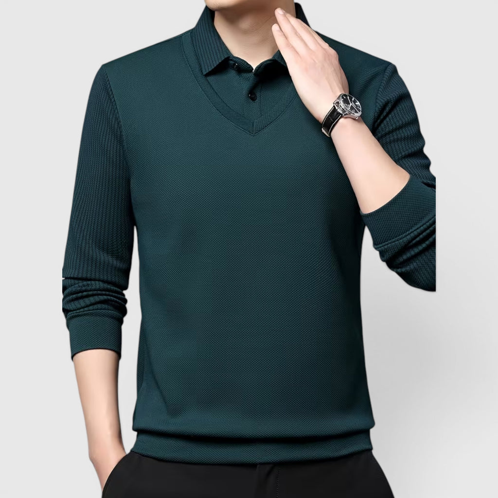Ellmont London | Men's V-Neck Sweater Faux Two-Piece Polo Shirt for Everyday Wear