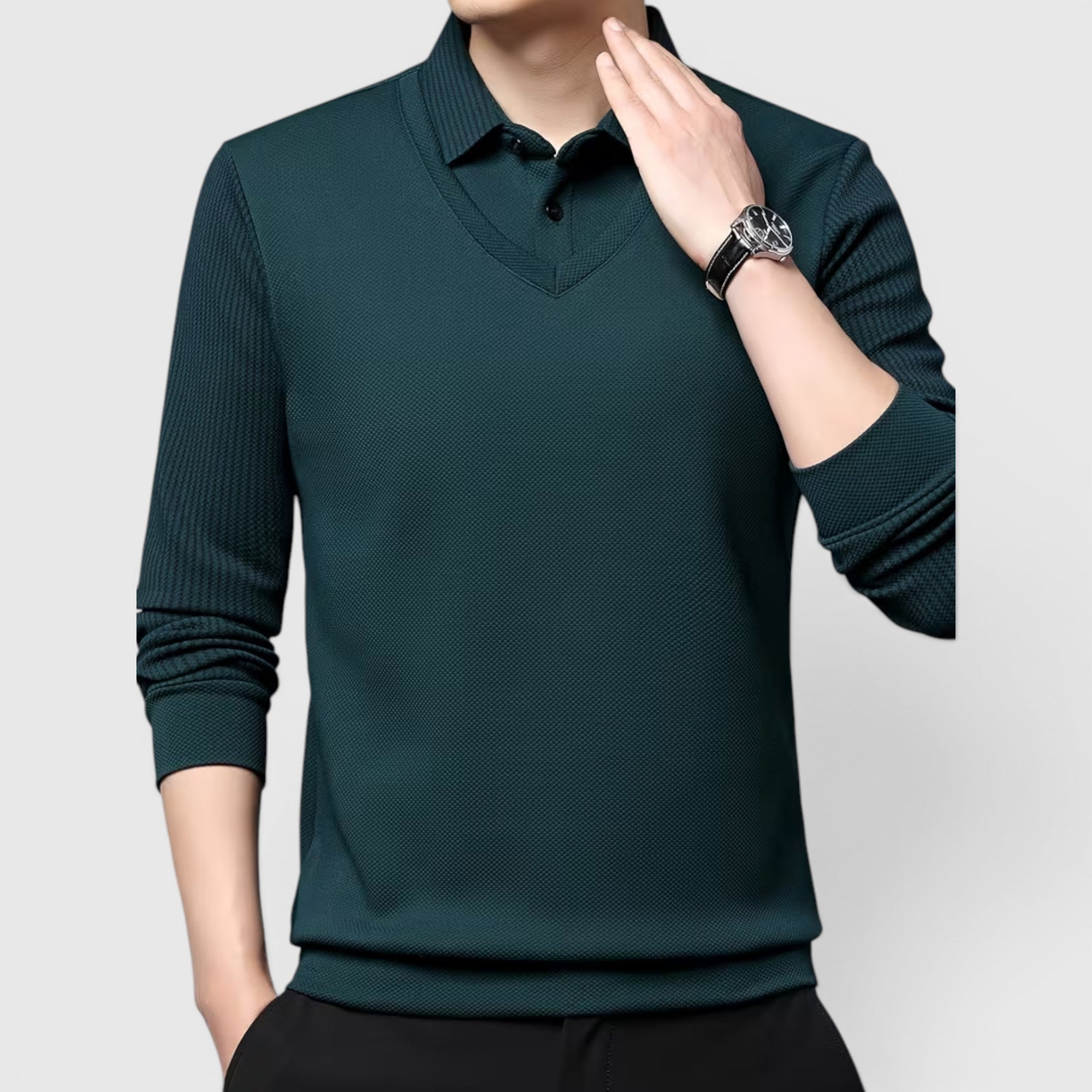Ellmont London | Men's V-Neck Sweater Faux Two-Piece Polo Shirt for Everyday Wear