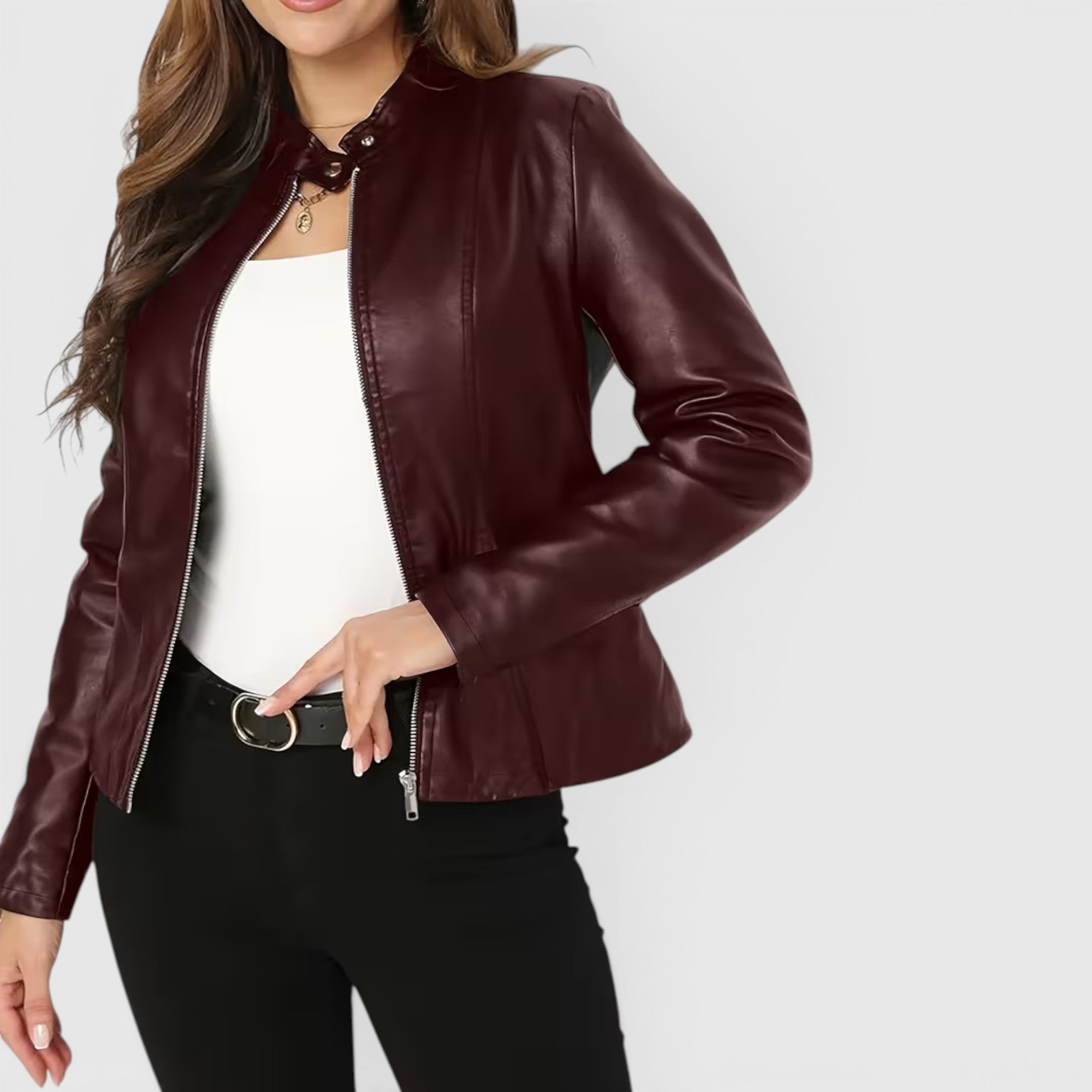 Ellmont London | Leather Jacket Women's Full Zip Stand Collar Casual Outerwear