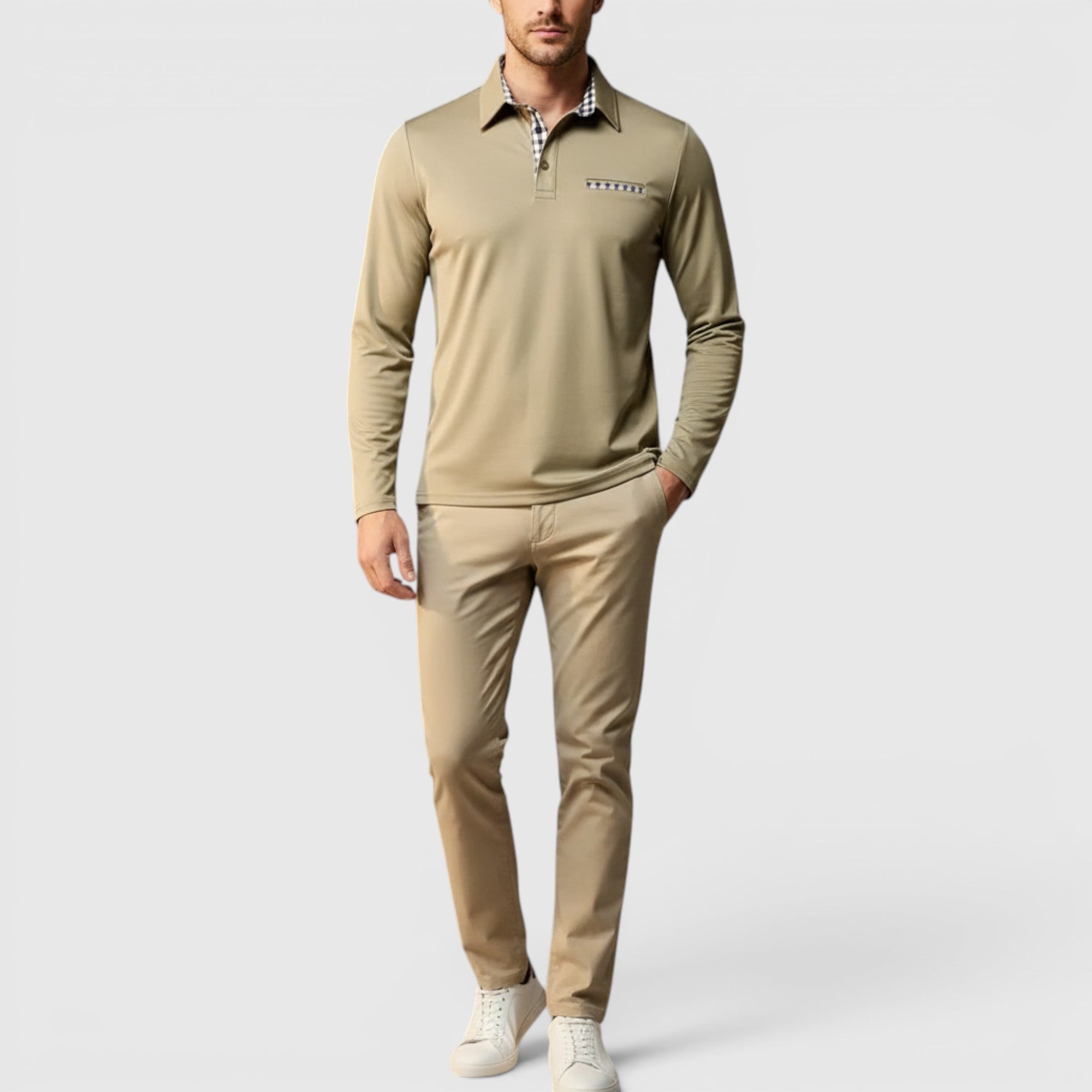 Ellmont London | Men's Polo Longsleeve V-Neck Sweater Quick-Dry Plaid Shirt