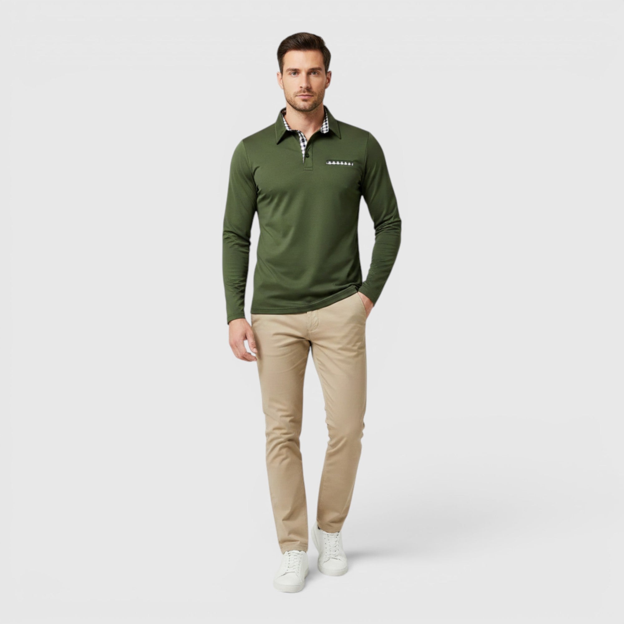 Ellmont London | Men's Polo Longsleeve V-Neck Sweater Quick-Dry Plaid Shirt