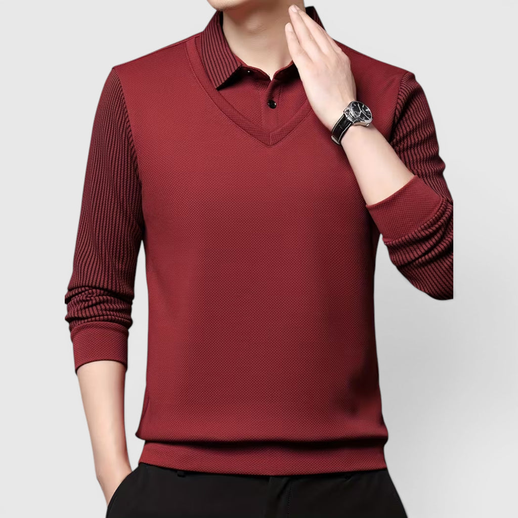 Ellmont London | Men's V-Neck Sweater Faux Two-Piece Polo Shirt for Everyday Wear