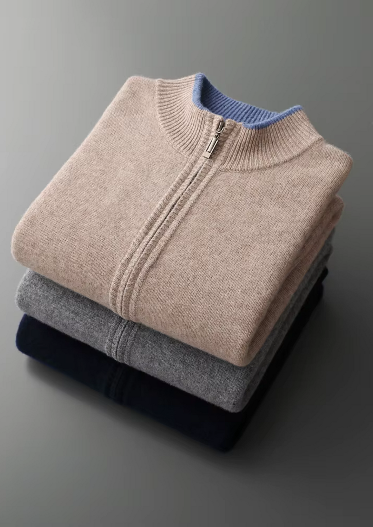 Extra-Fine Merino Wool Two-Tone Zip Cardigan