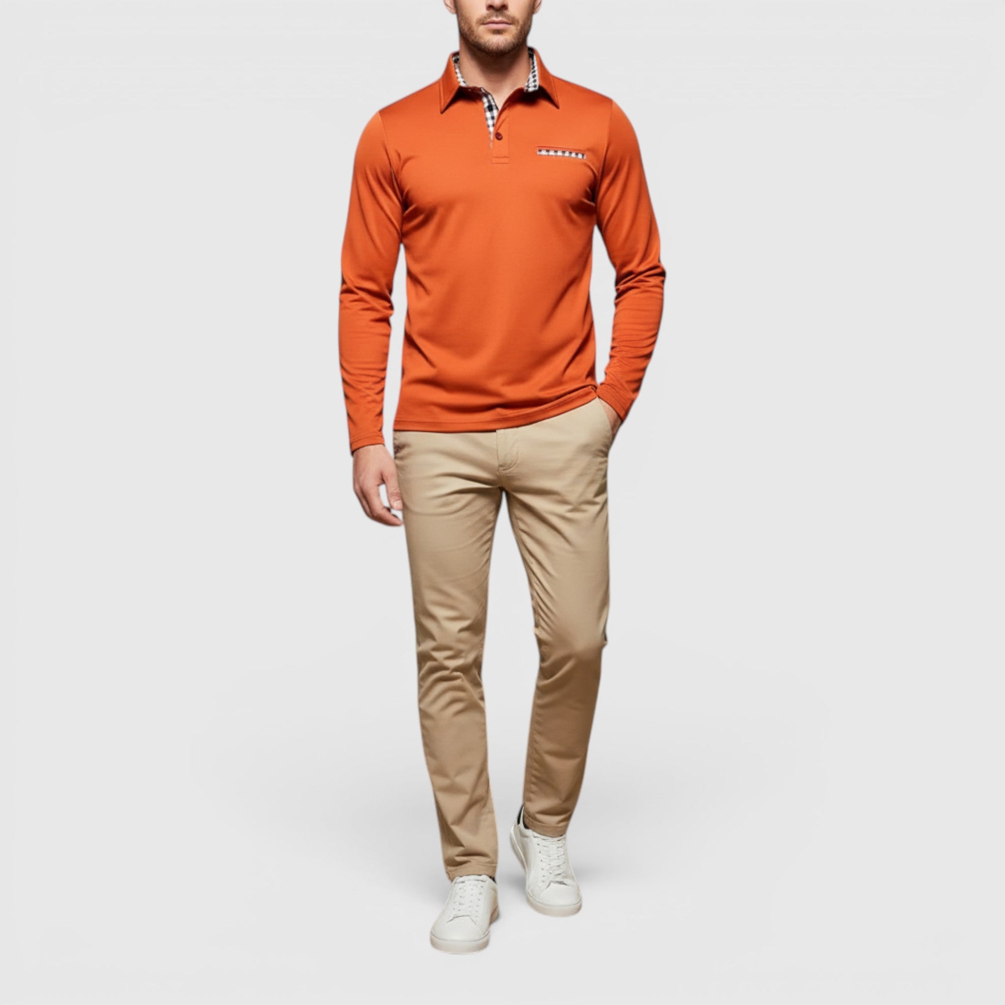 Ellmont London | Men's Polo Longsleeve V-Neck Sweater Quick-Dry Plaid Shirt