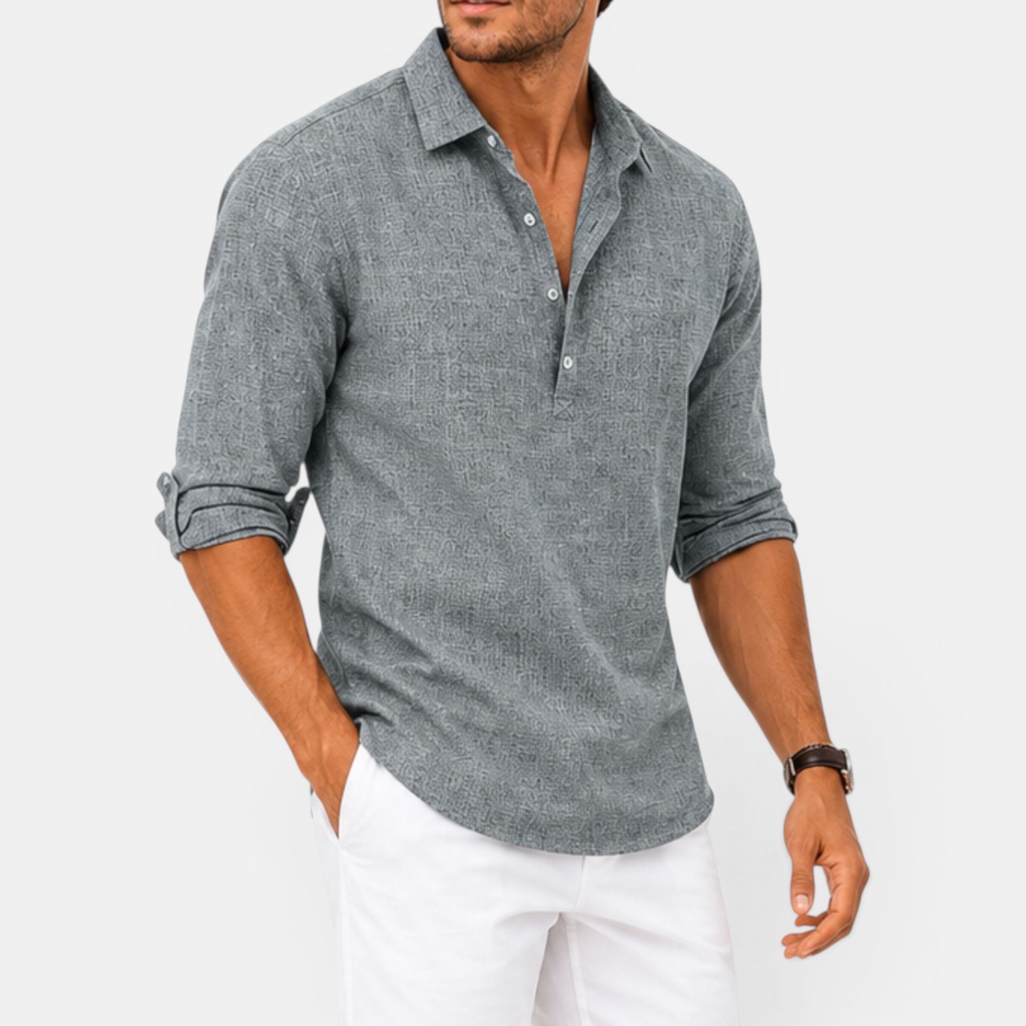 Ellmont London | Men's Relaxed Fit Casual Linen Summer Shirt with Popover Neckline