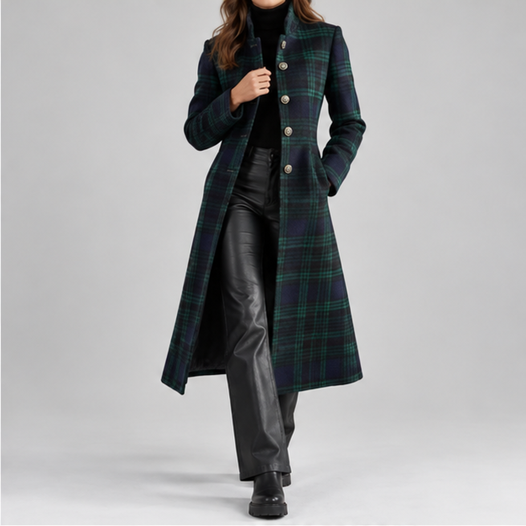 Women’s Checked Longline Coat – Tailored Winter Coat with Button Fastening