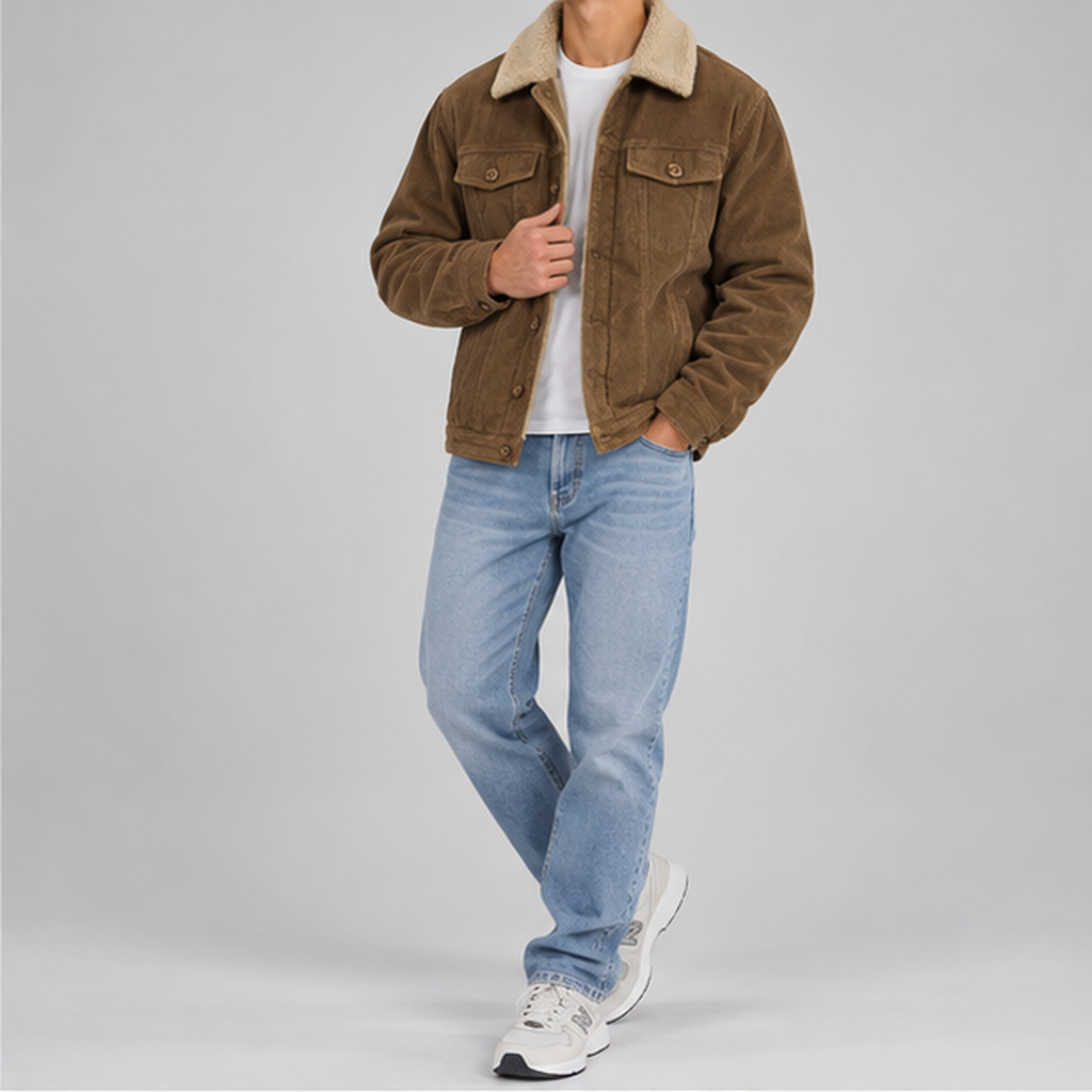 Men’s Corduroy Jacket – Borg Lined Trucker Jacket with Button Fastening