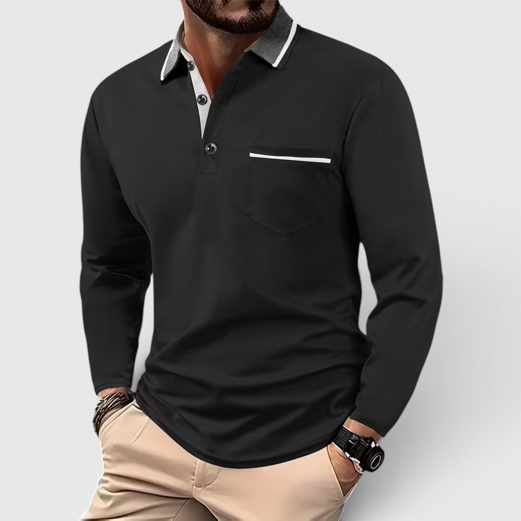 Edmund | Men's Long Sleeve Polo Shirt Contrast Collar Regular Fit Button Up