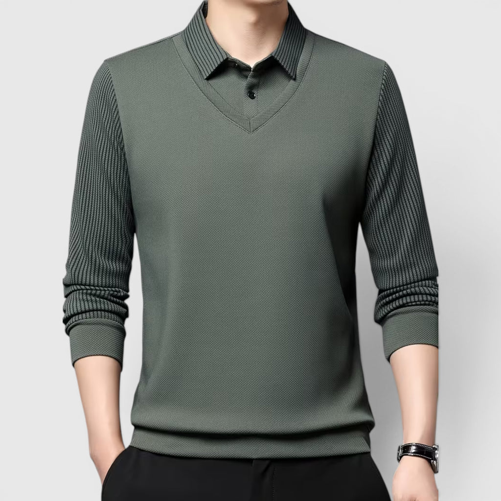 Ellmont London | Men's V-Neck Sweater Faux Two-Piece Polo Shirt for Everyday Wear