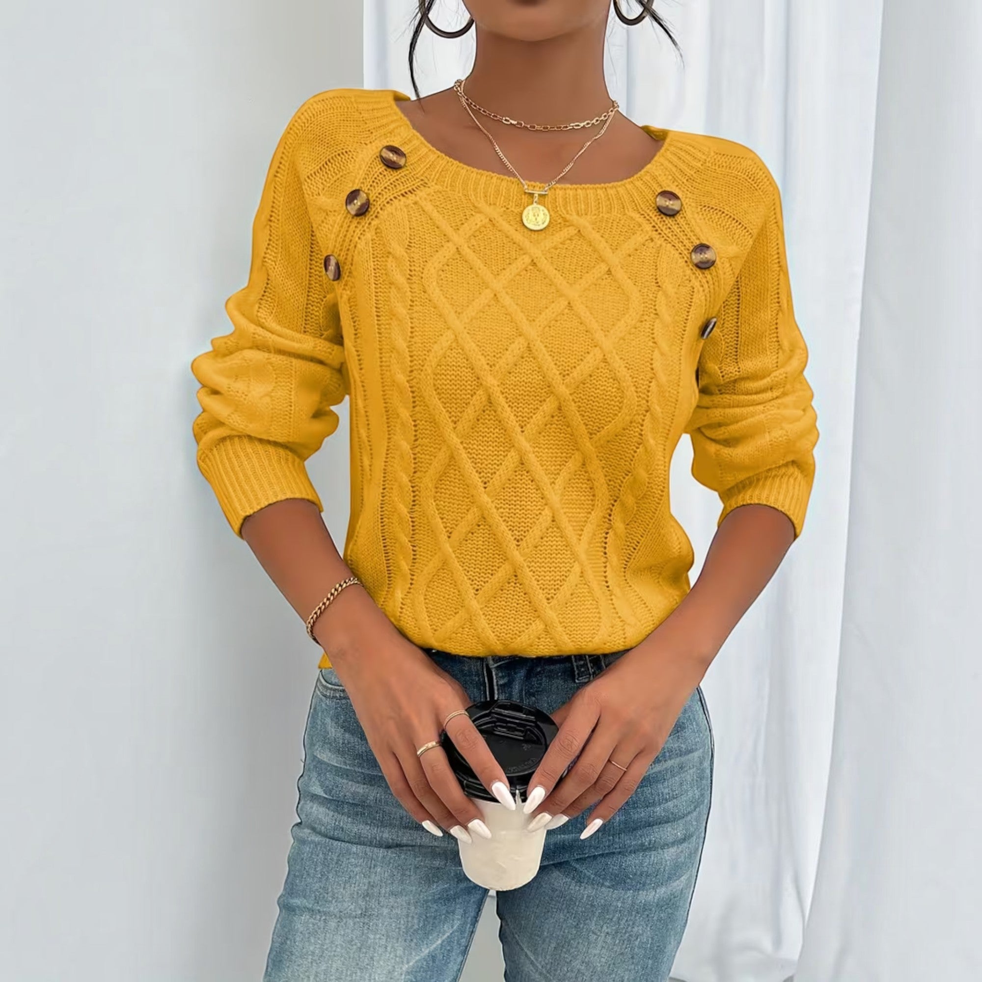 Ellmont London | Women's Soft Knit Sweater Pullover with Button Detail