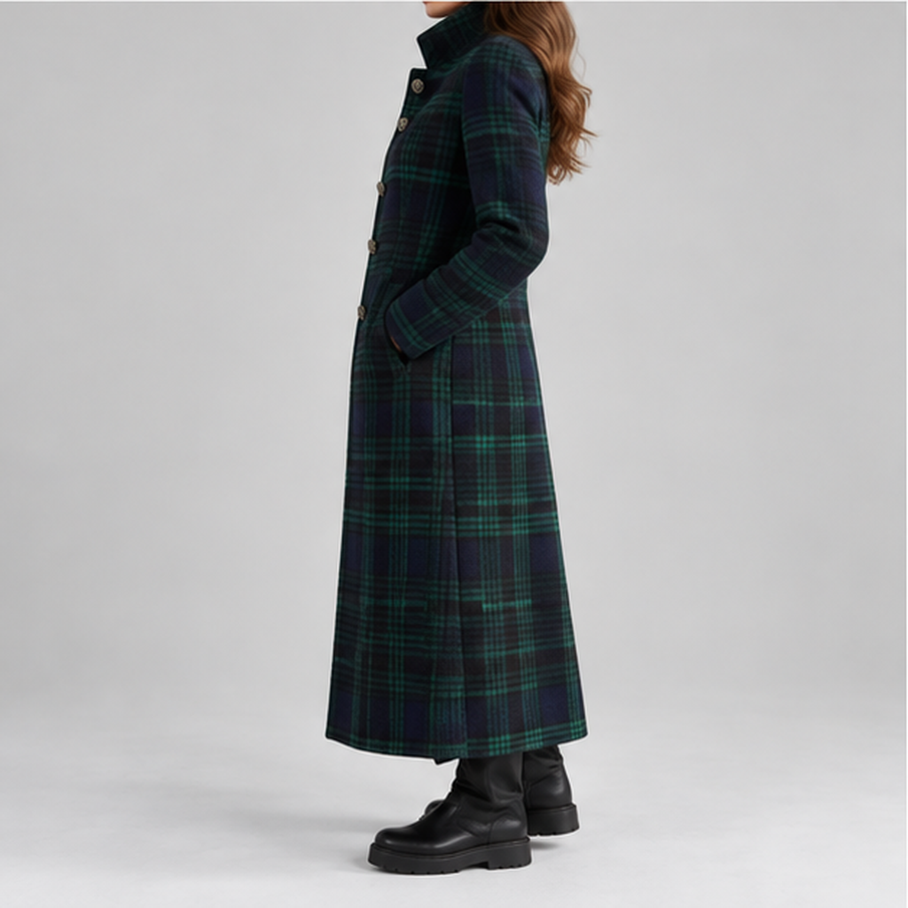 Women’s Checked Longline Coat – Tailored Winter Coat with Button Fastening