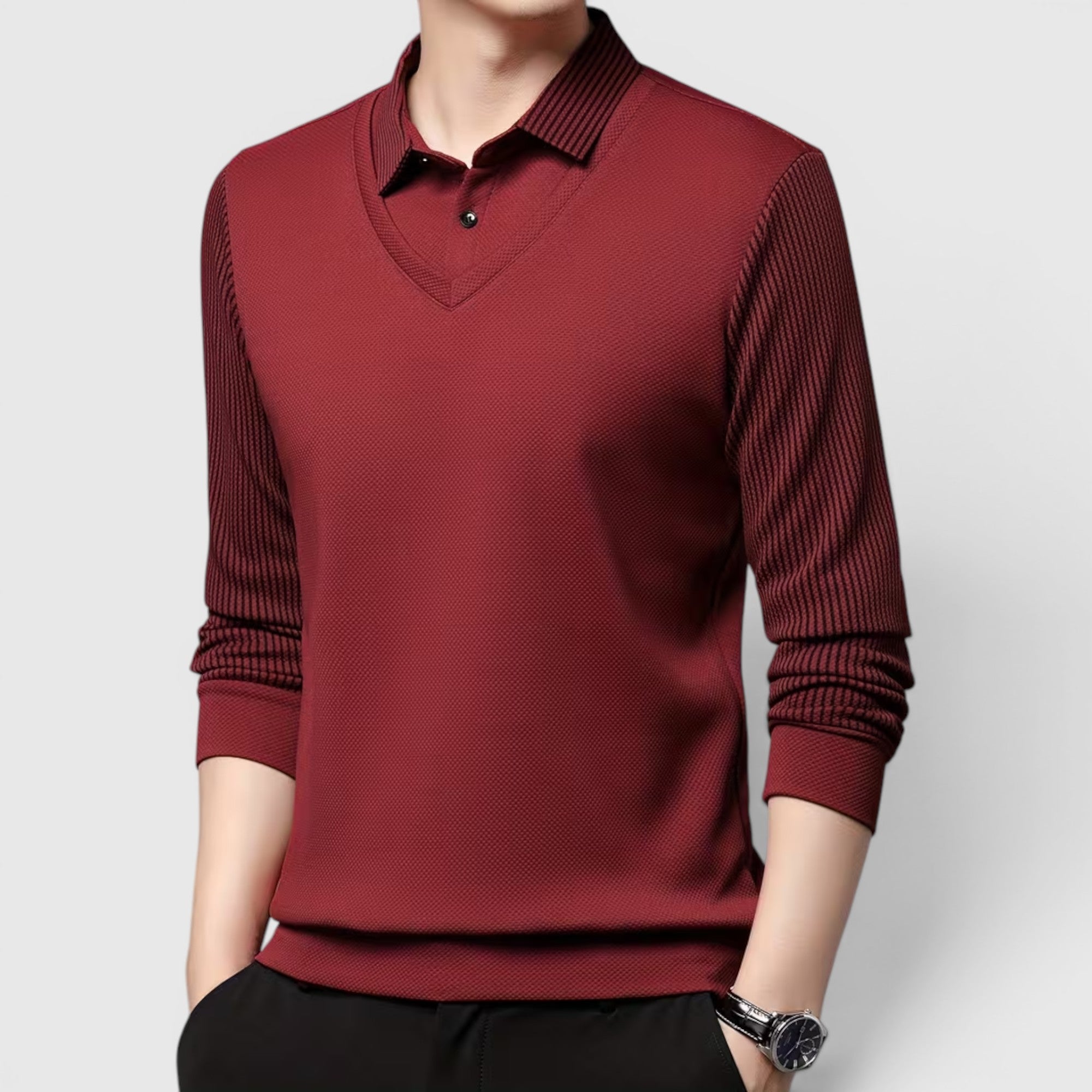 Ellmont London | Men's V-Neck Sweater Faux Two-Piece Polo Shirt for Everyday Wear
