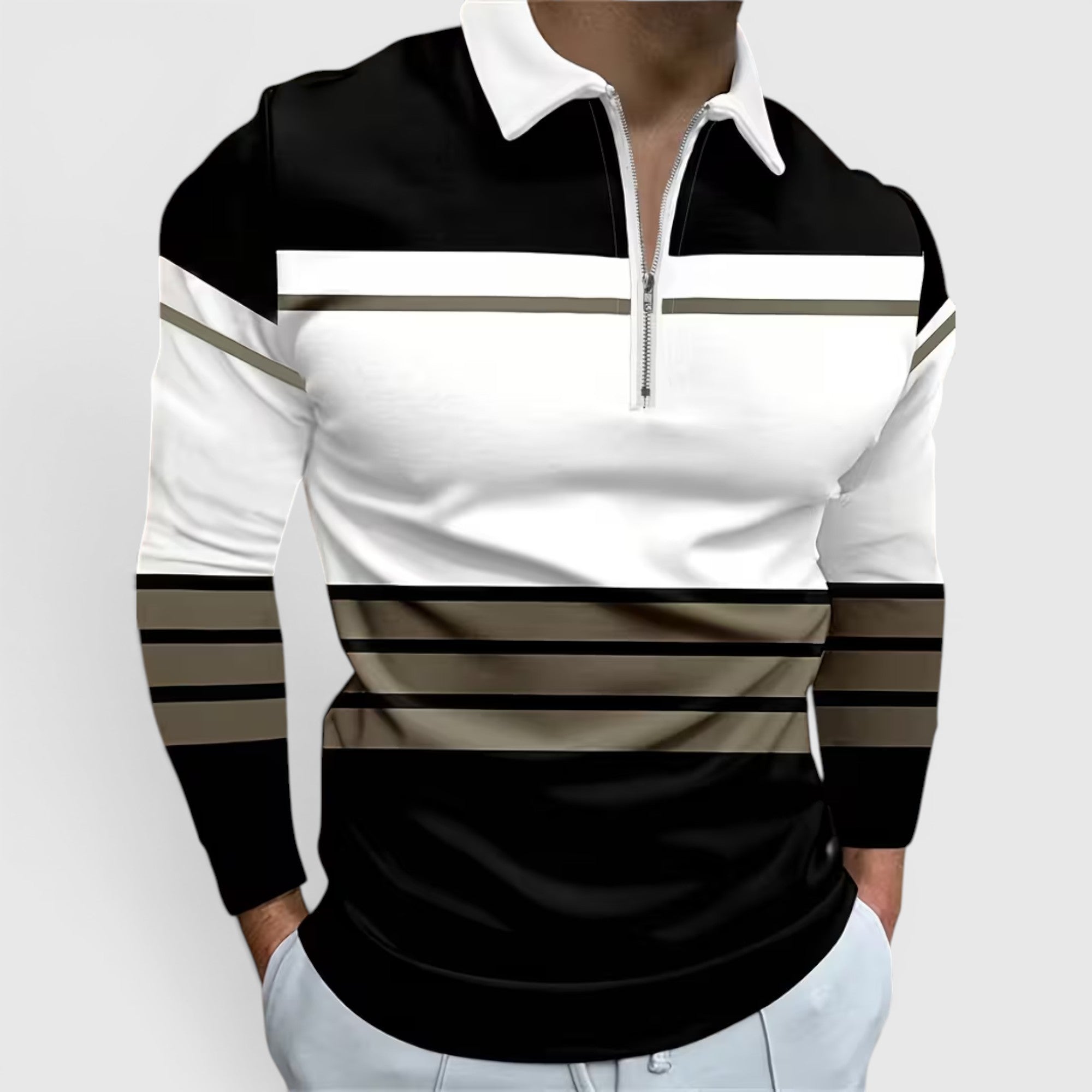 Harvey | Men's Polo Shirt Long Sleeve Stripe Print Quarter Zip Casual Wear