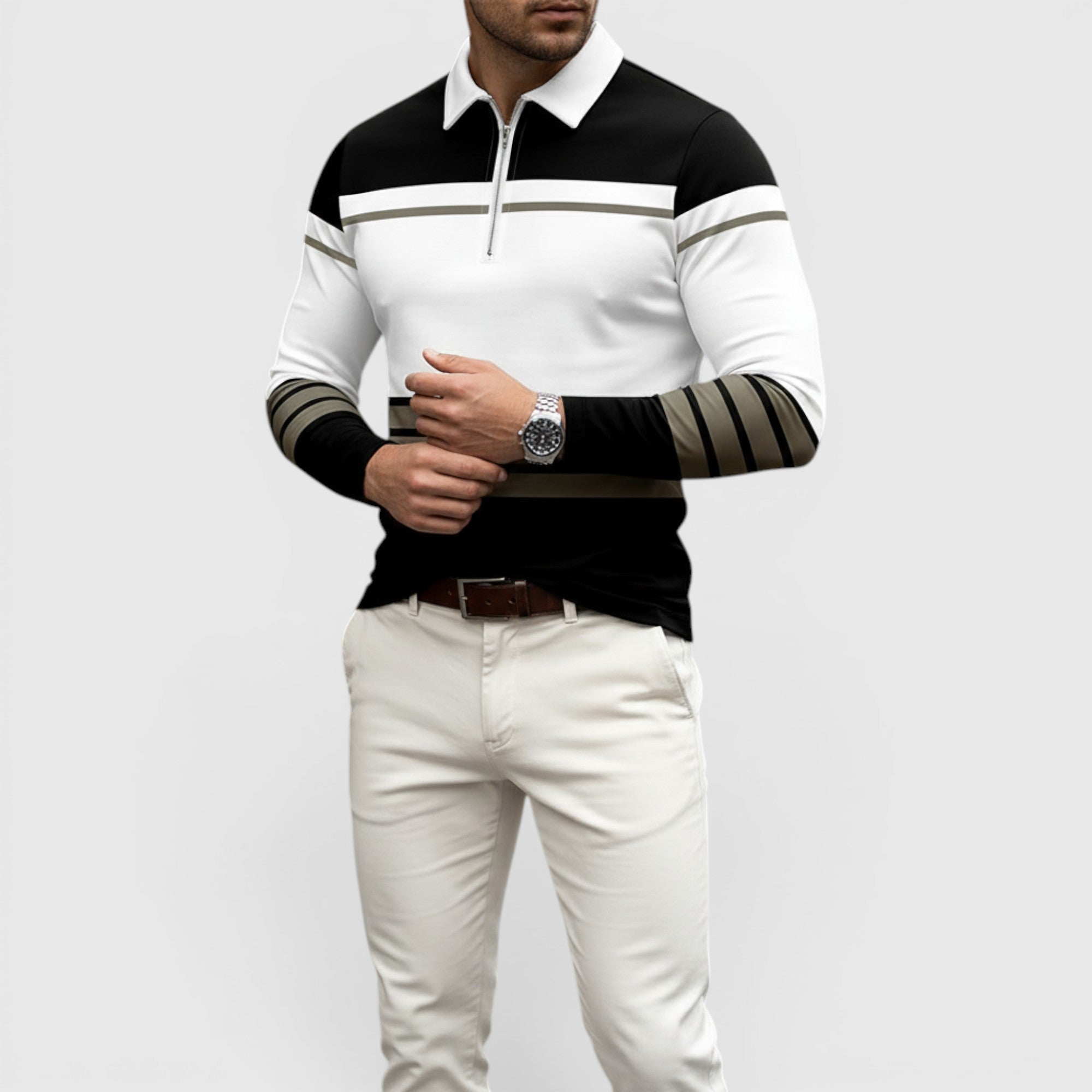 Harvey | Men's Polo Shirt Long Sleeve Stripe Print Quarter Zip Casual Wear