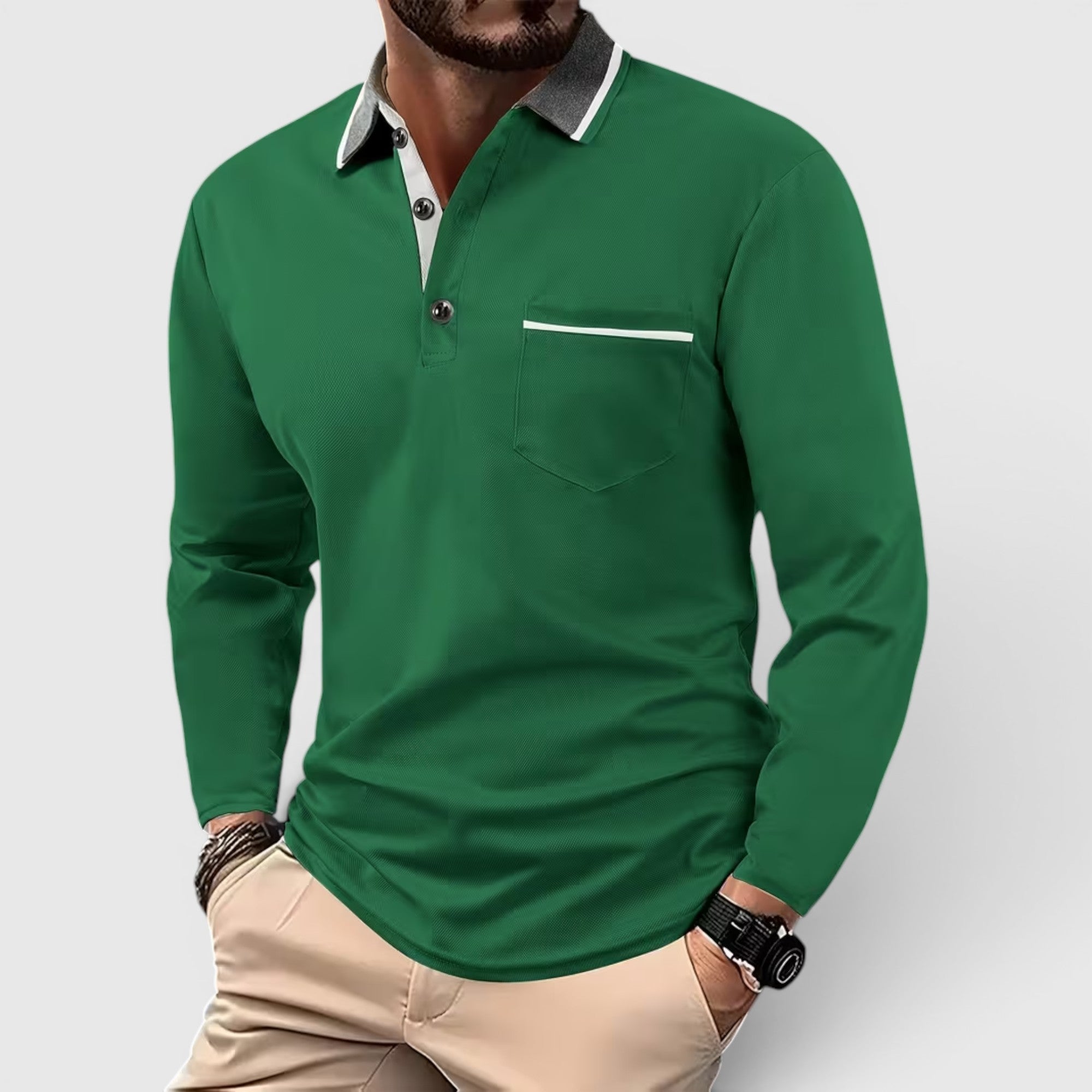 Ellmont London | Men's Long Sleeve Polo Shirt Contrast Collar Regular Fit Button Up