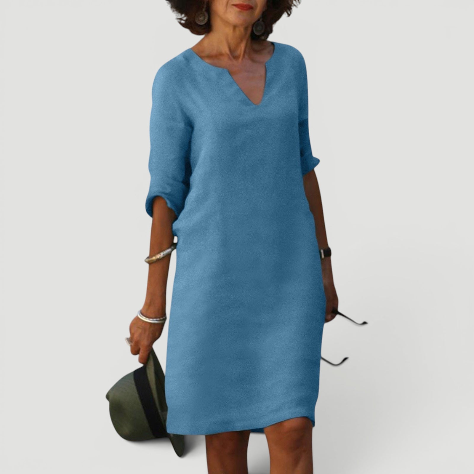 Ellmont London | Women’s Lightweight 3/4 Sleeve Casual Easy Fit V-Neck Midi Dress
