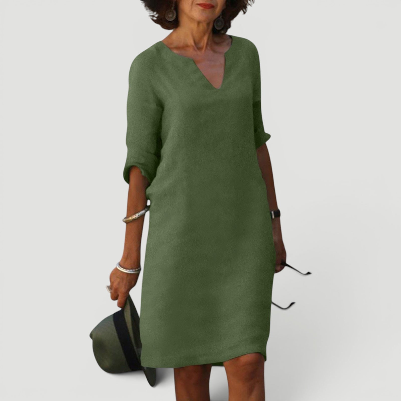 Ellmont London | Women’s Lightweight 3/4 Sleeve Casual Easy Fit V-Neck Midi Dress