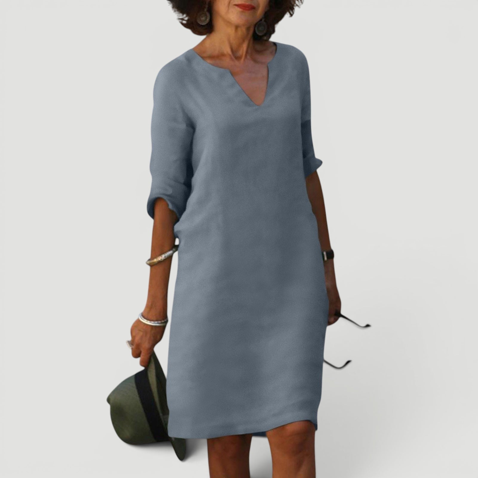 Ellmont London | Women’s Lightweight 3/4 Sleeve Casual Easy Fit V-Neck Midi Dress