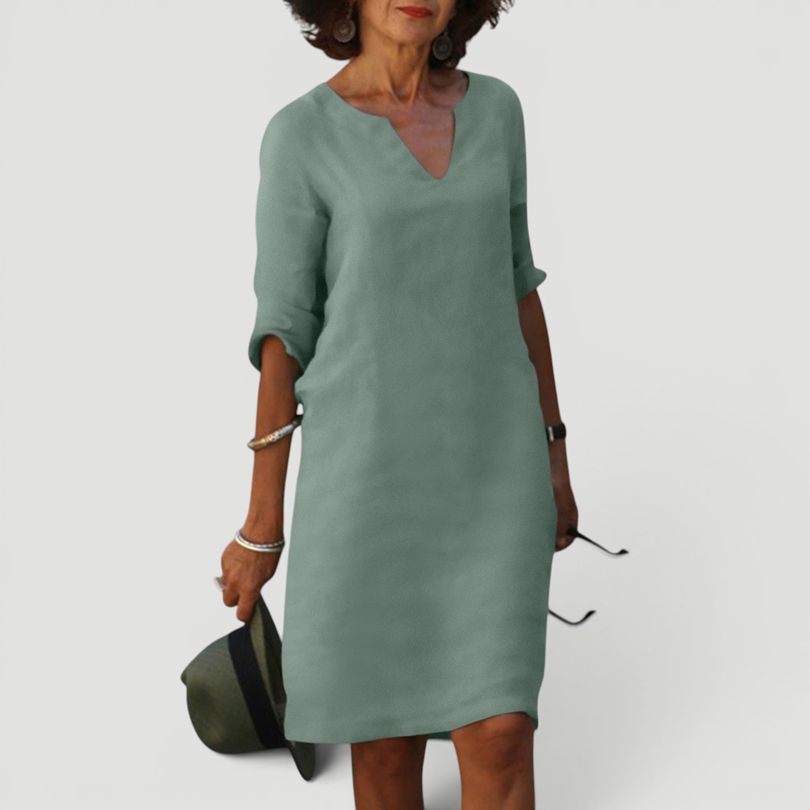 Ellmont London | Women’s Lightweight 3/4 Sleeve Casual Easy Fit V-Neck Midi Dress