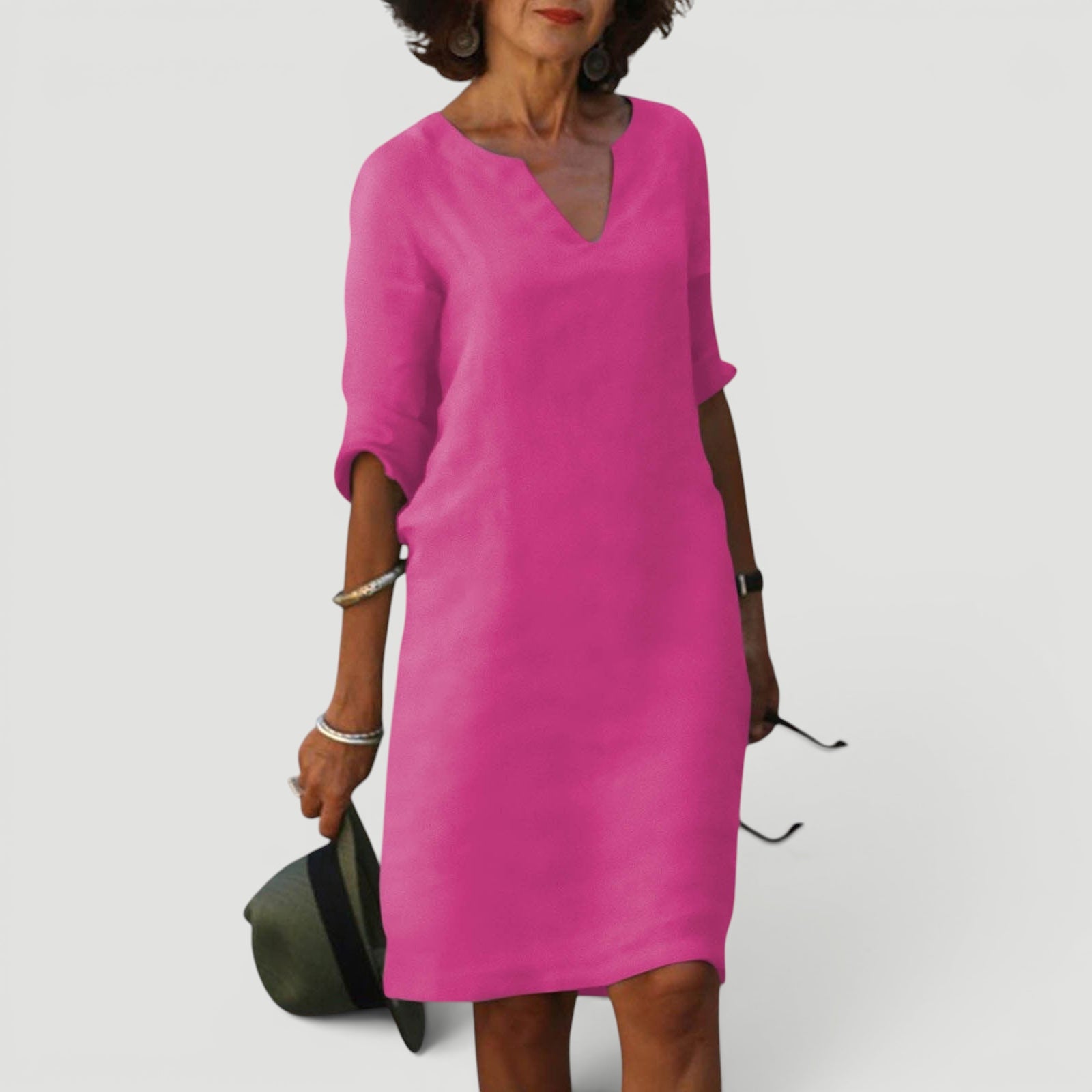 Ellmont London | Women’s Lightweight 3/4 Sleeve Casual Easy Fit V-Neck Midi Dress
