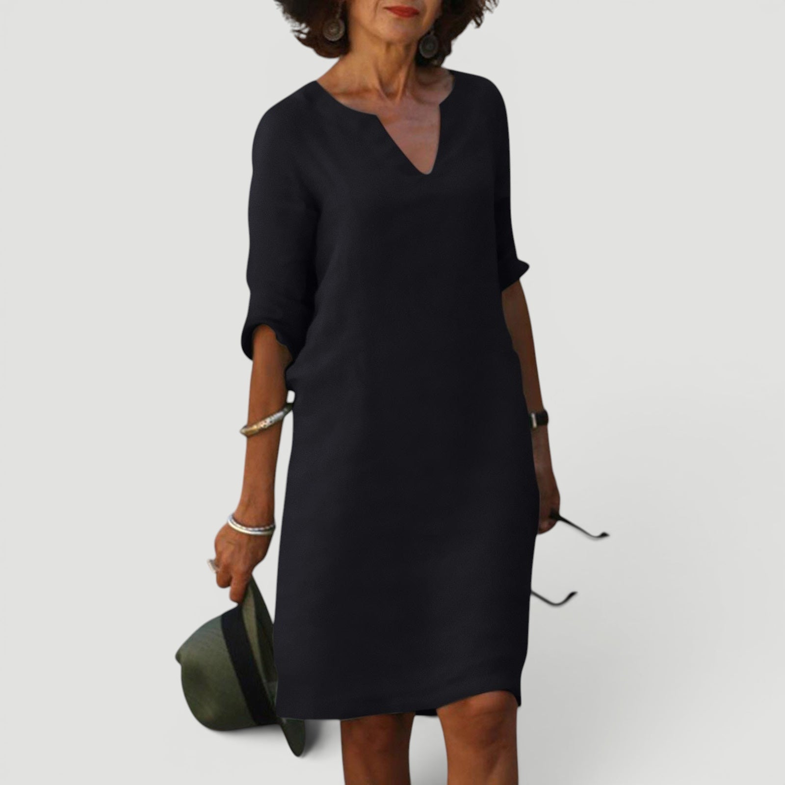 Ellmont London | Women’s Lightweight 3/4 Sleeve Casual Easy Fit V-Neck Midi Dress