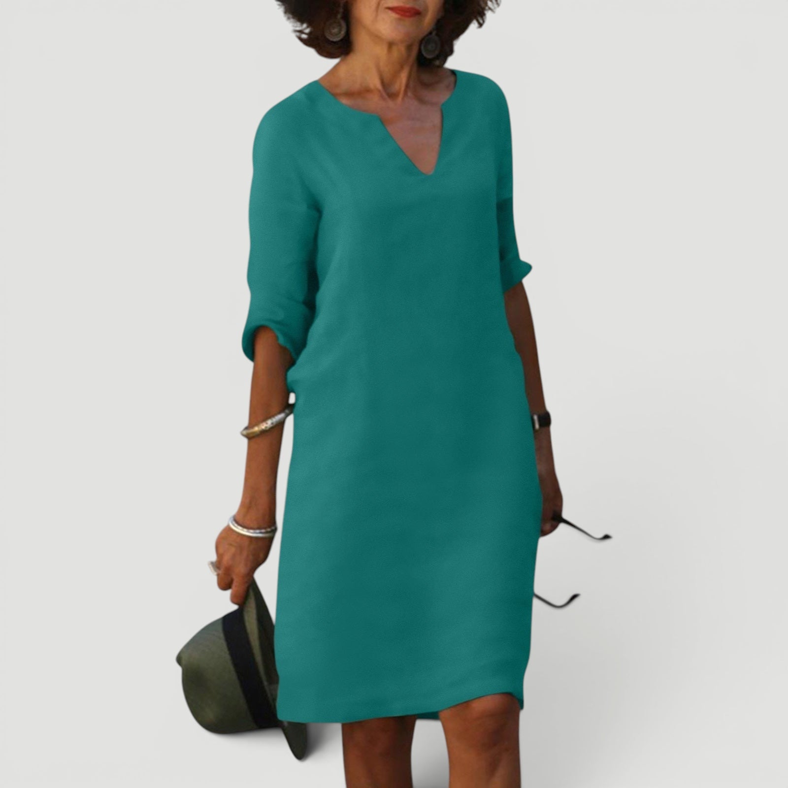 Ellmont London | Women’s Lightweight 3/4 Sleeve Casual Easy Fit V-Neck Midi Dress