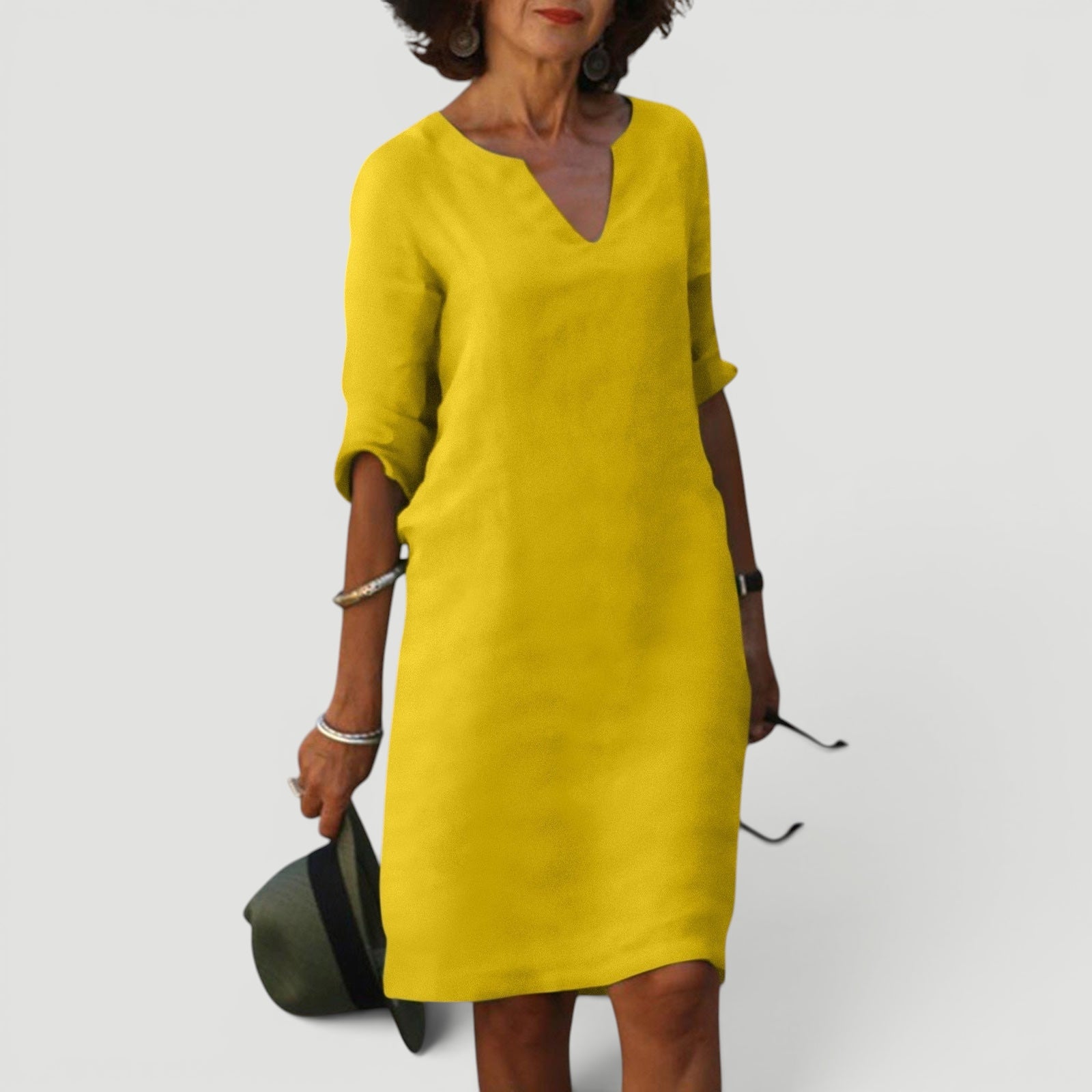 Ellmont London | Women’s Lightweight 3/4 Sleeve Casual Easy Fit V-Neck Midi Dress