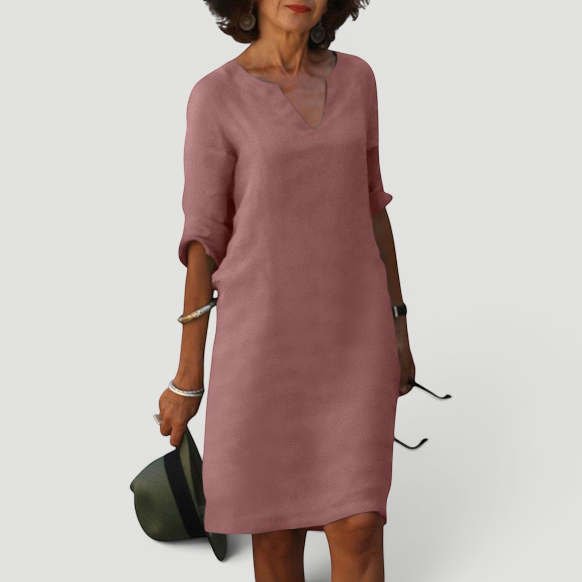 Ellmont London | Women’s Lightweight 3/4 Sleeve Casual Easy Fit V-Neck Midi Dress