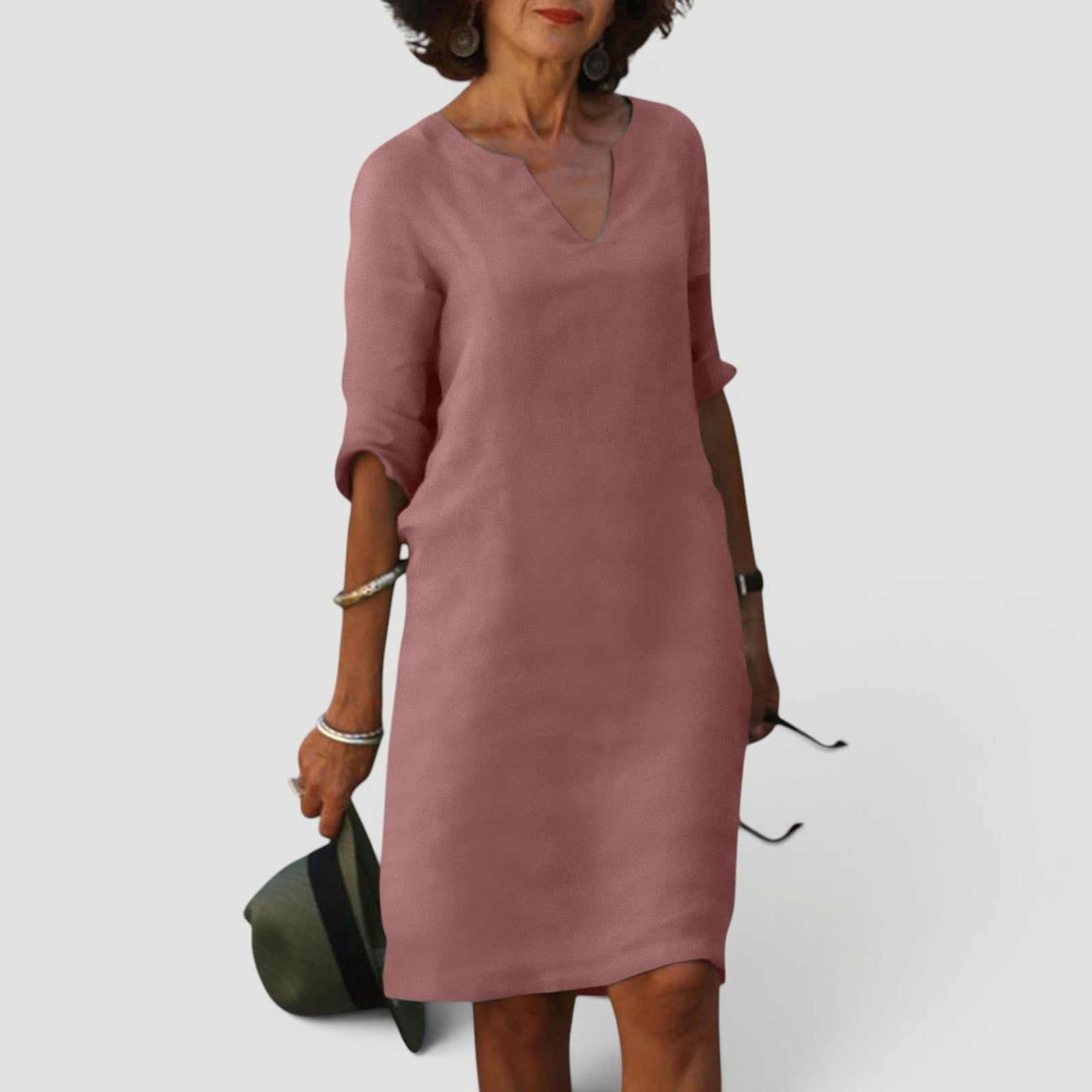 Ellmont London | Women’s Lightweight 3/4 Sleeve Casual Easy Fit V-Neck Midi Dress