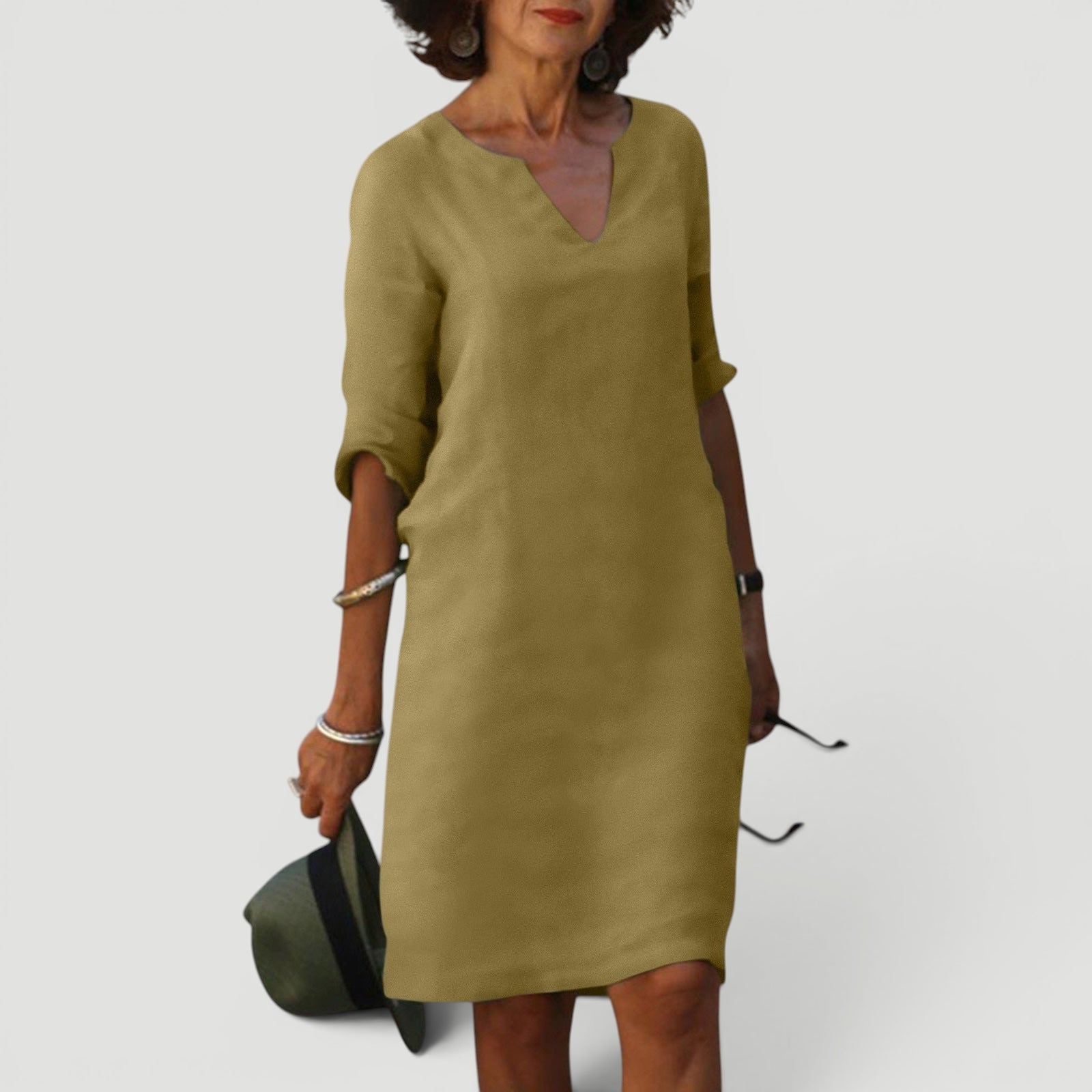 Ellmont London | Women’s Lightweight 3/4 Sleeve Casual Easy Fit V-Neck Midi Dress