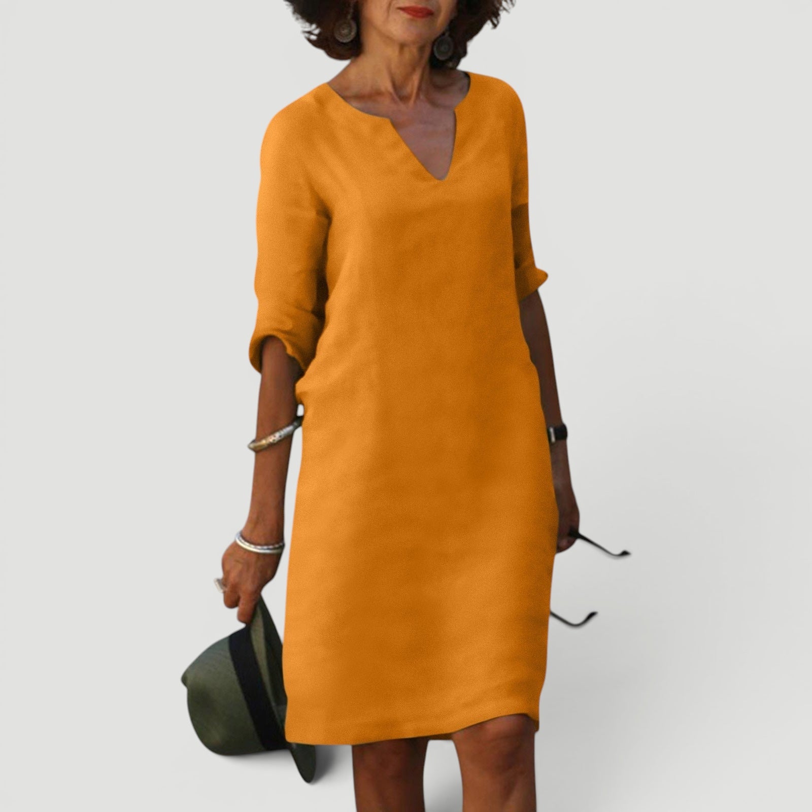 Ellmont London | Women’s Lightweight 3/4 Sleeve Casual Easy Fit V-Neck Midi Dress