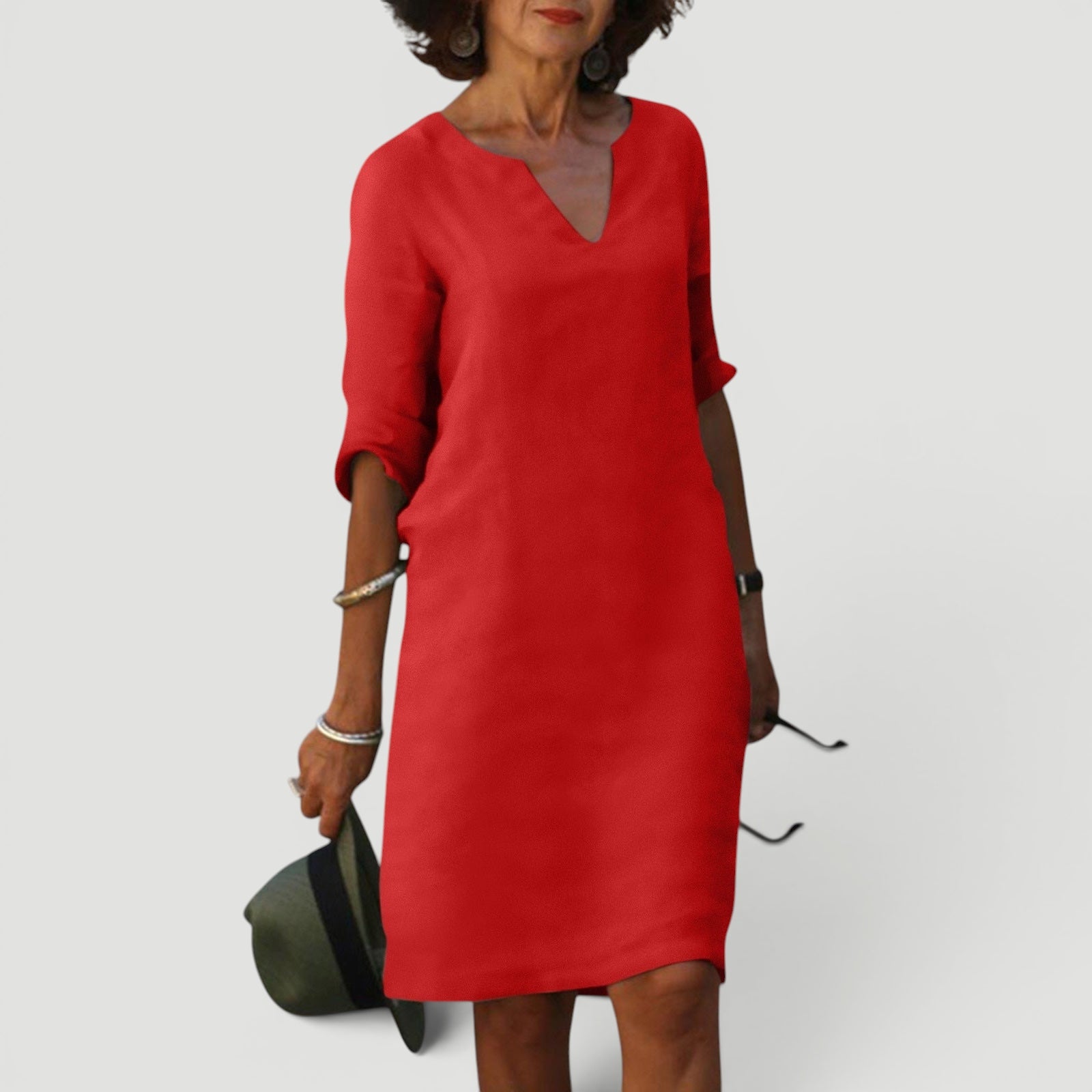 Ellmont London | Women’s Lightweight 3/4 Sleeve Casual Easy Fit V-Neck Midi Dress