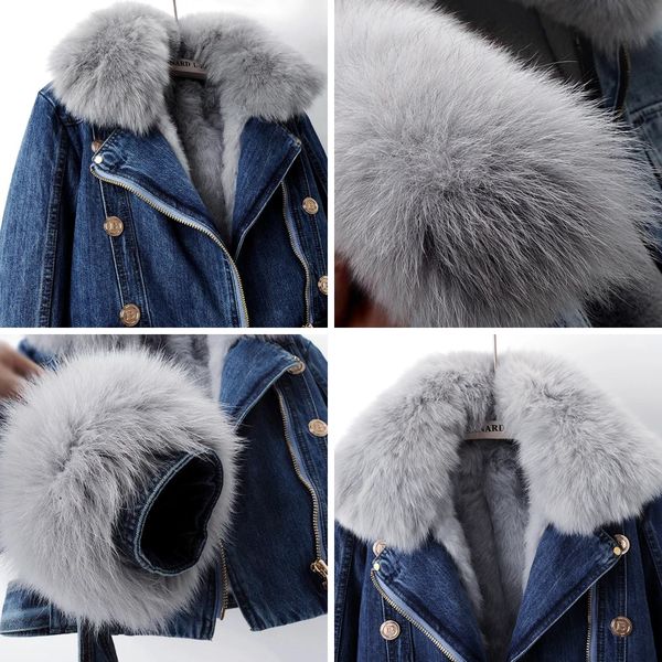 Women's Denim Coat with Removable Fox Fur Collar – Luxe Lined