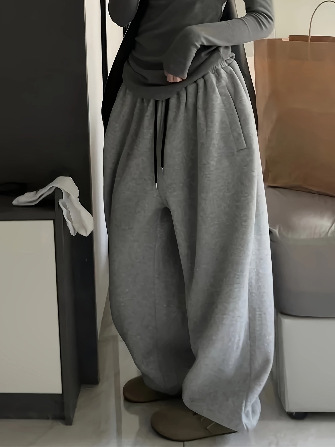 Y2K Casual Gray Black Rope Lace-Up High-Waist Elastic Waistband Pants Women'S Clothing