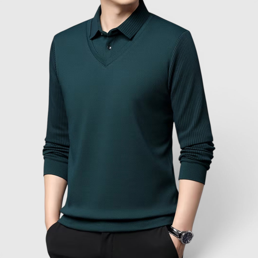 Ellmont London | Men's V-Neck Sweater Faux Two-Piece Polo Shirt for Everyday Wear
