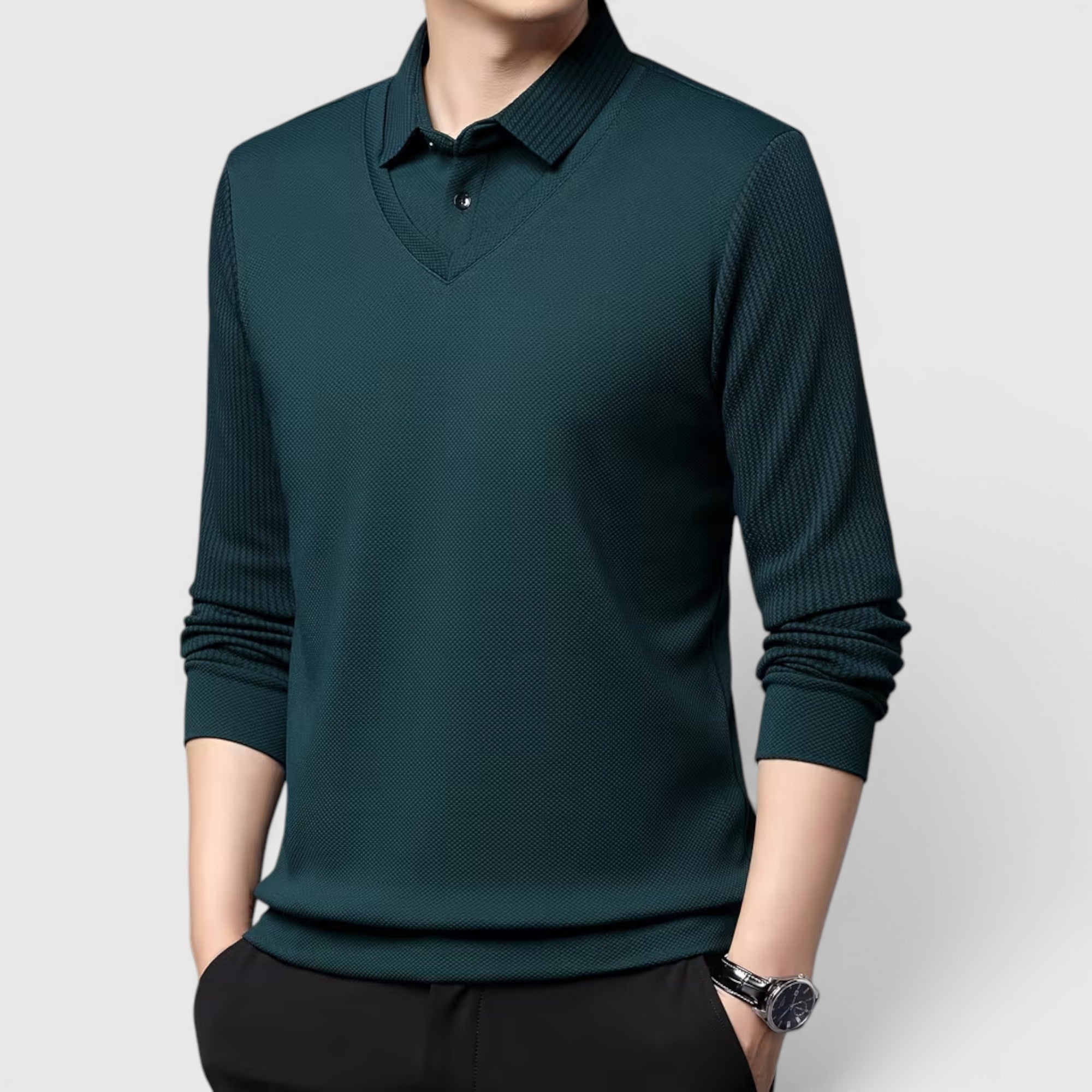 Ellmont London | Men's V-Neck Sweater Faux Two-Piece Polo Shirt for Everyday Wear
