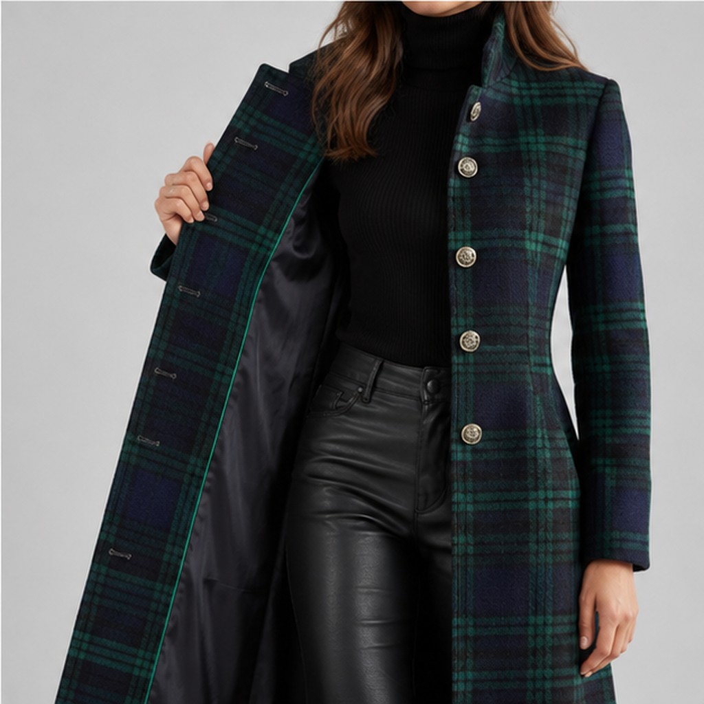 Women’s Checked Longline Coat – Tailored Winter Coat with Button Fastening